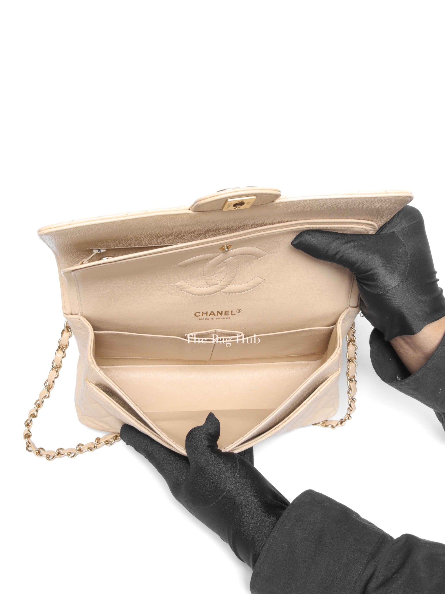 Chanel Beige Caviar Classic Double Flap Medium Bag GHW