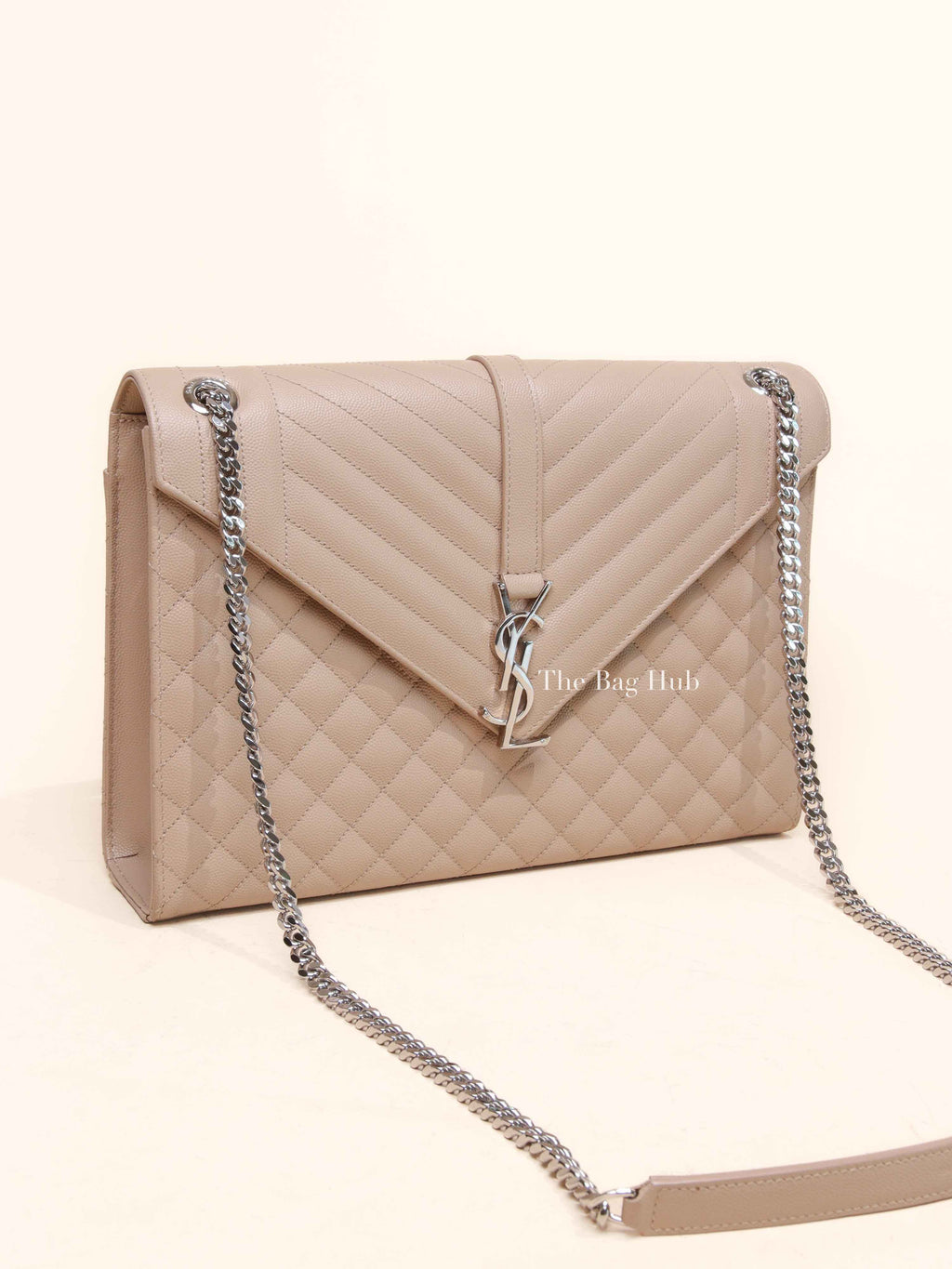Saint Laurent Beige Grained Leather Quilted Chevron Large Envelope Flap Bag SHW
