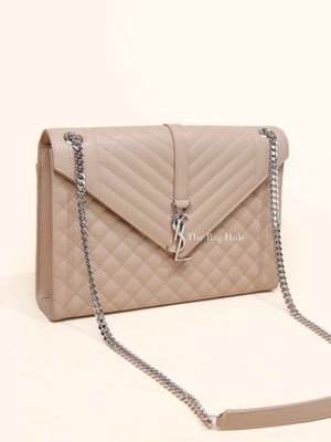 Saint Laurent Beige Grained Leather Quilted Chevron Large Envelope Flap Bag SHW