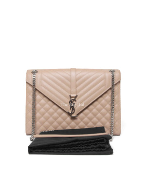 Saint Laurent Beige Grained Leather Quilted Chevron Large Envelope Flap Bag SHW