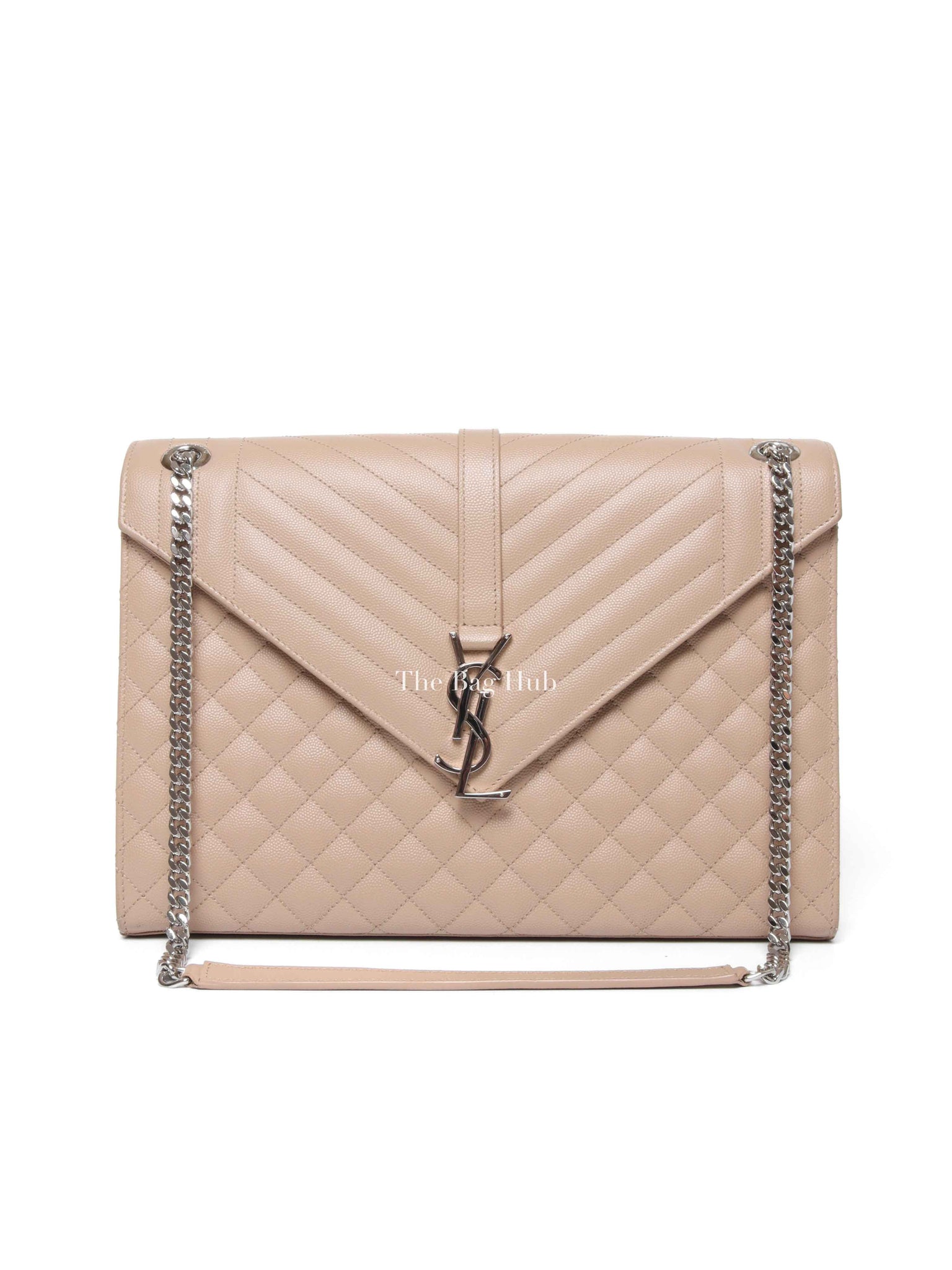 Saint Laurent Beige Grained Leather Quilted Chevron Large Envelope Flap Bag SHW