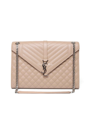 Saint Laurent Beige Grained Leather Quilted Chevron Large Envelope Flap Bag SHW