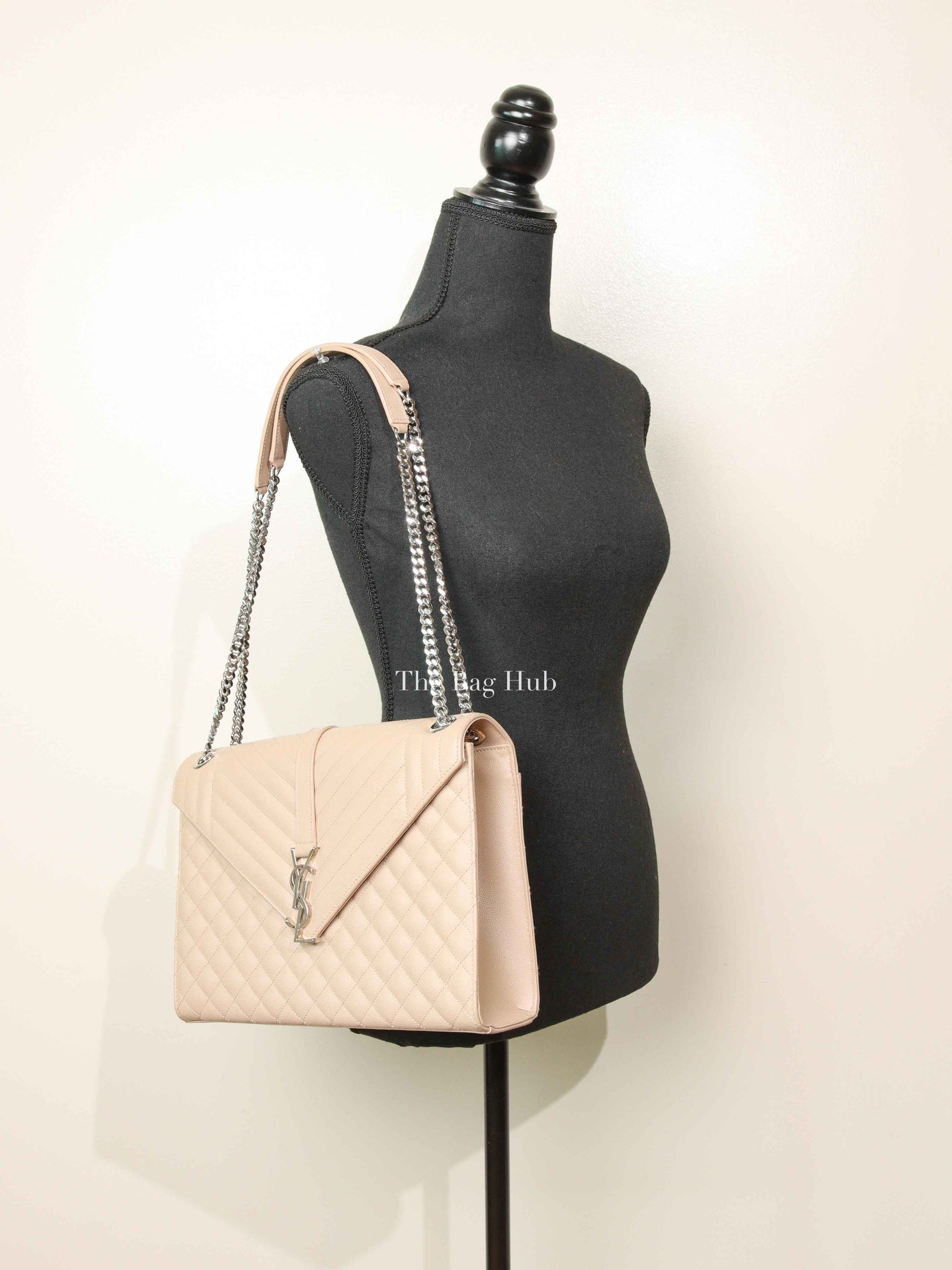 Saint Laurent Beige Grained Leather Quilted Chevron Large Envelope Flap Bag SHW