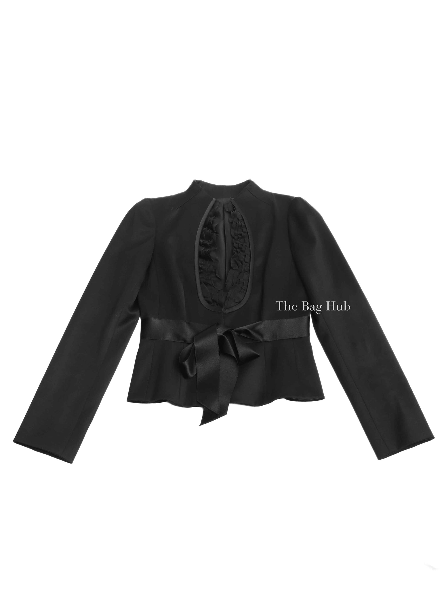 Valentino Black Wool Ruffle Front Detail Stand Collar Jacket Size 4