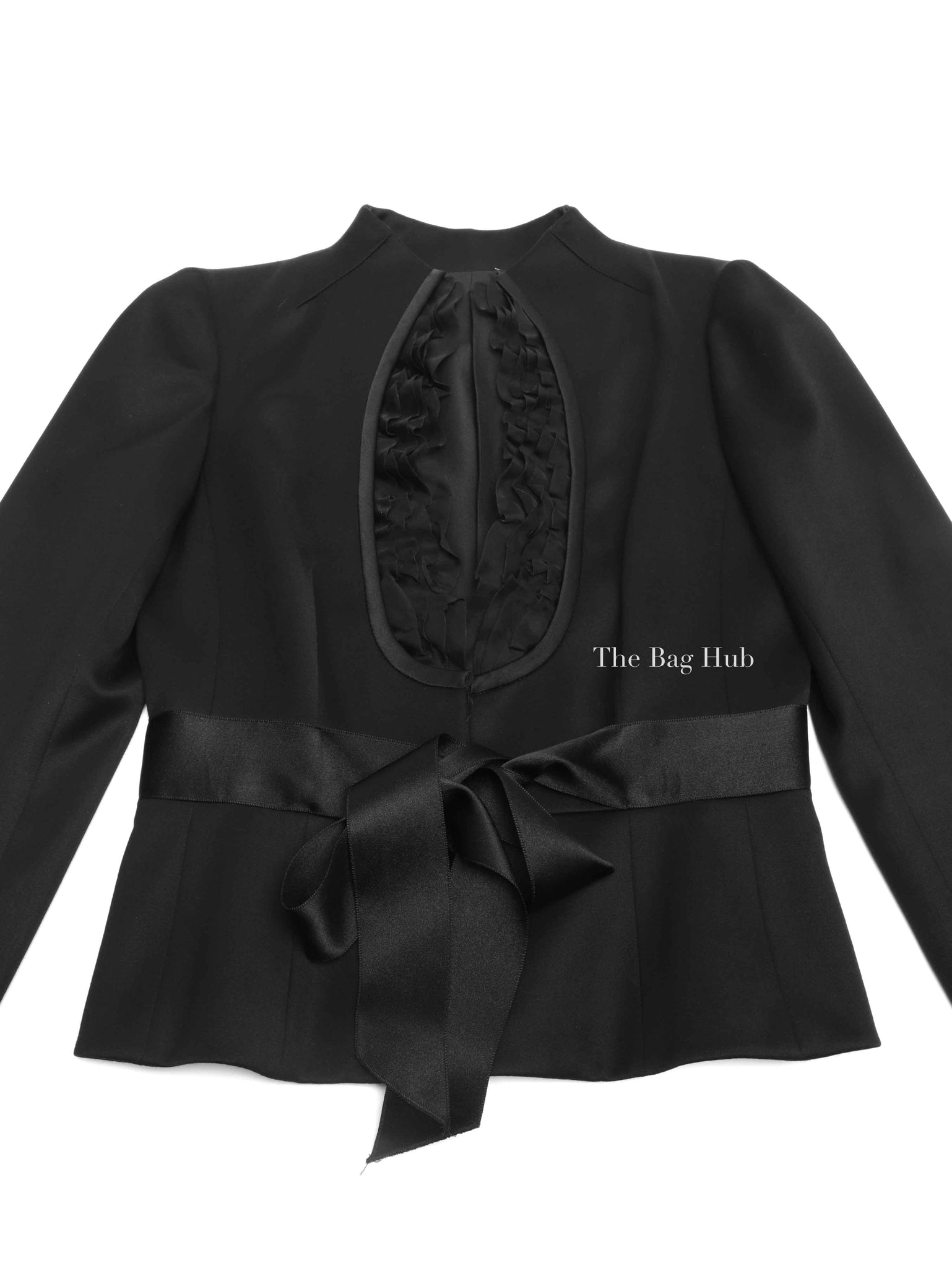 Valentino Black Wool Ruffle Front Detail Stand Collar Jacket Size 4