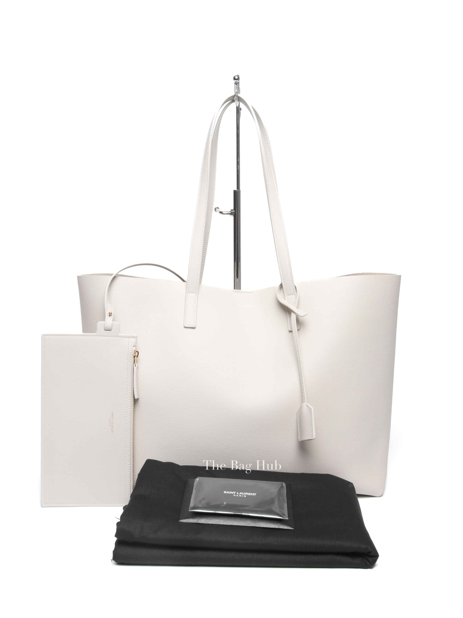 Saint Laurent Pearl White Leather Bold East/West Shopping Tote Bag