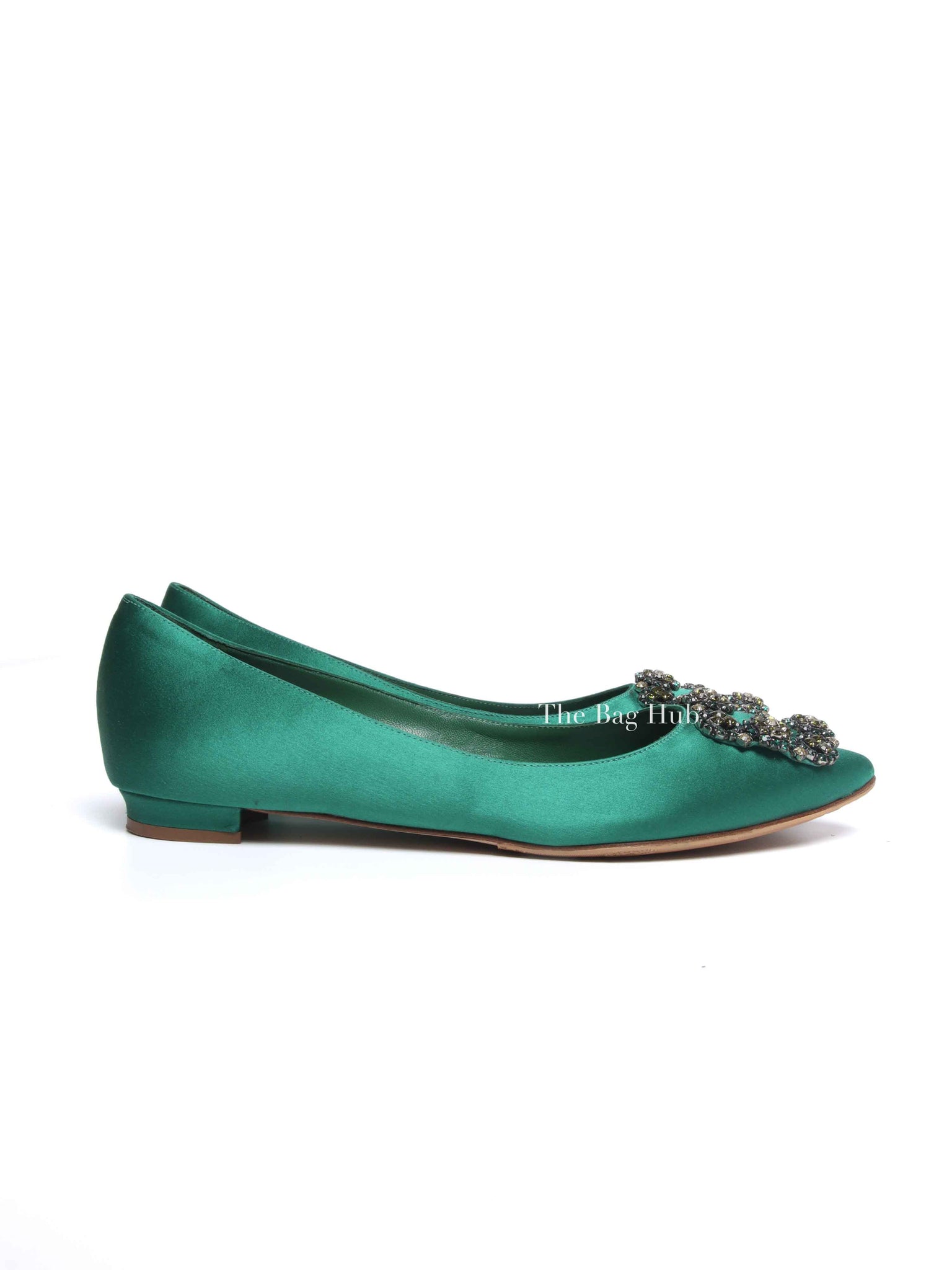 Manolo Blahnik Green Satin Jewel Buckle Flat Pumps Size 37.5