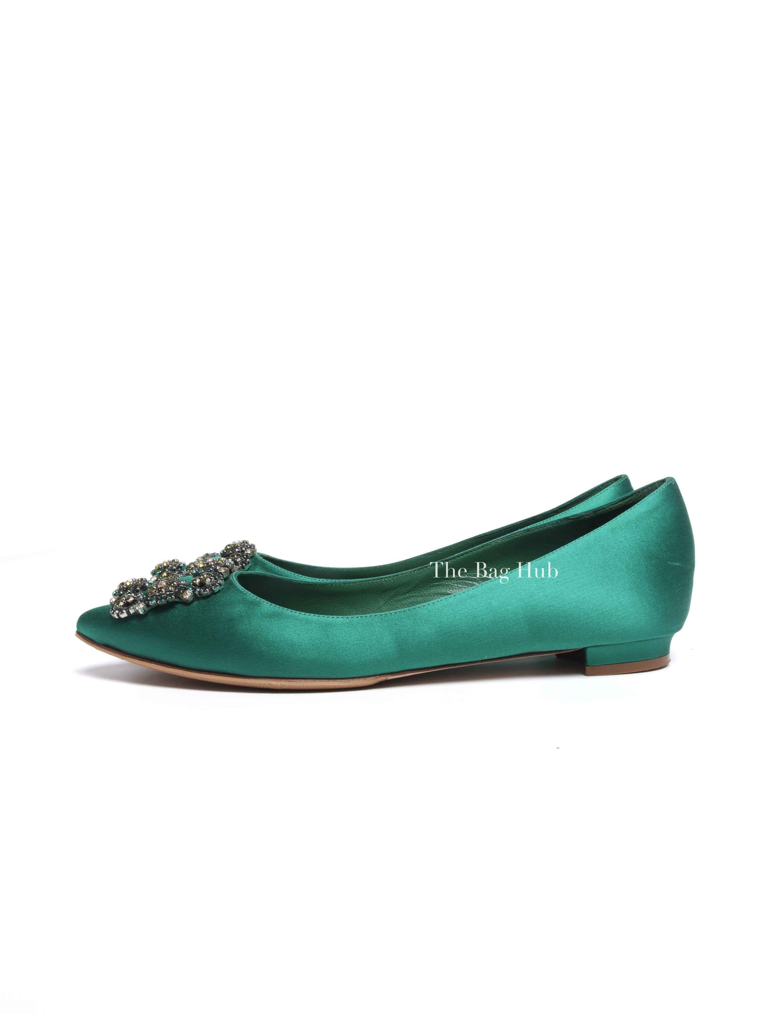 Manolo Blahnik Green Satin Jewel Buckle Flat Pumps Size 37.5