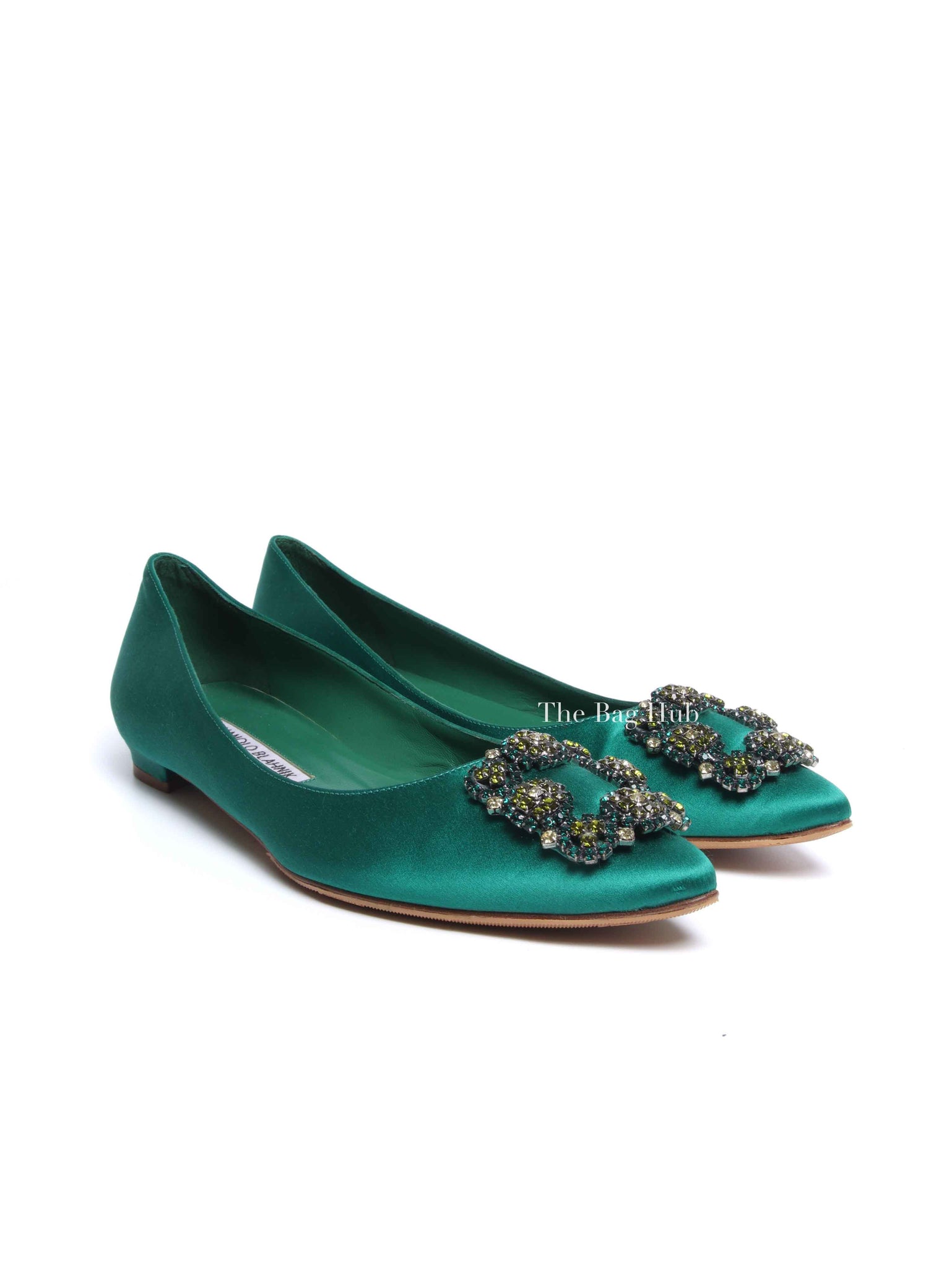 Manolo Blahnik Green Satin Jewel Buckle Flat Pumps Size 37.5
