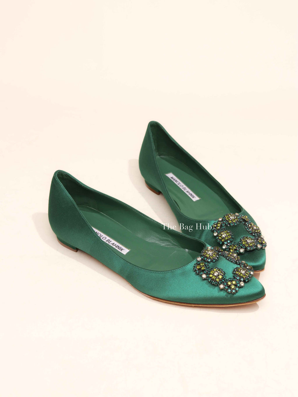 Manolo Blahnik Green Satin Jewel Buckle Flat Pumps Size 37.5