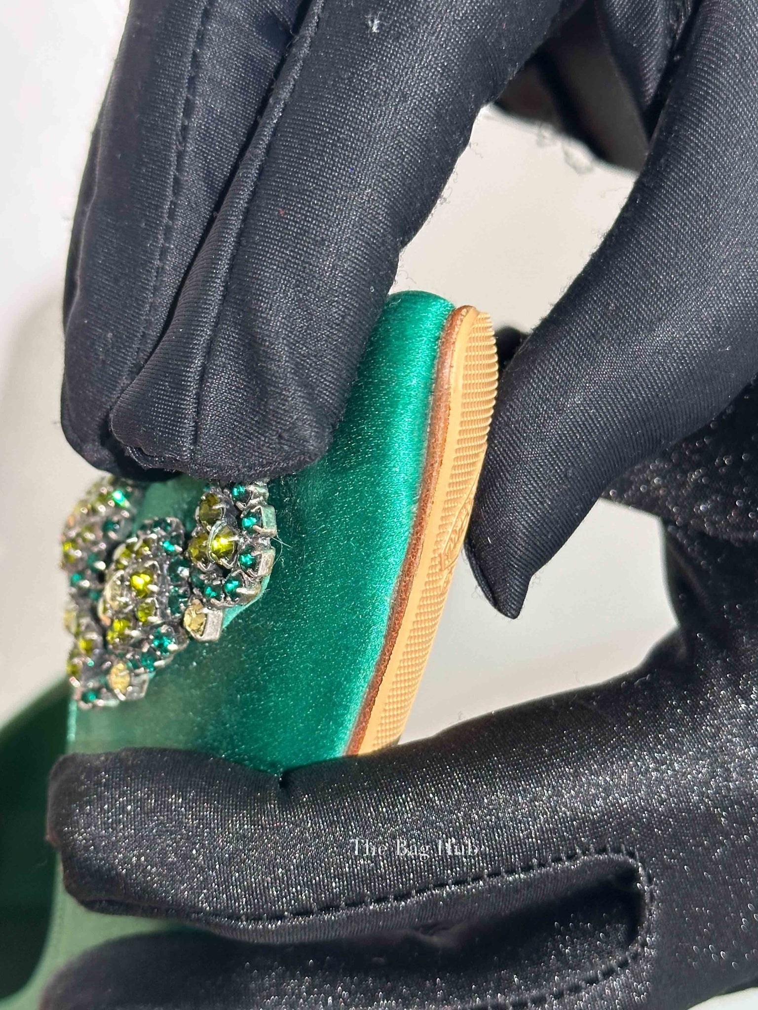 Manolo Blahnik Green Satin Jewel Buckle Flat Pumps Size 37.5