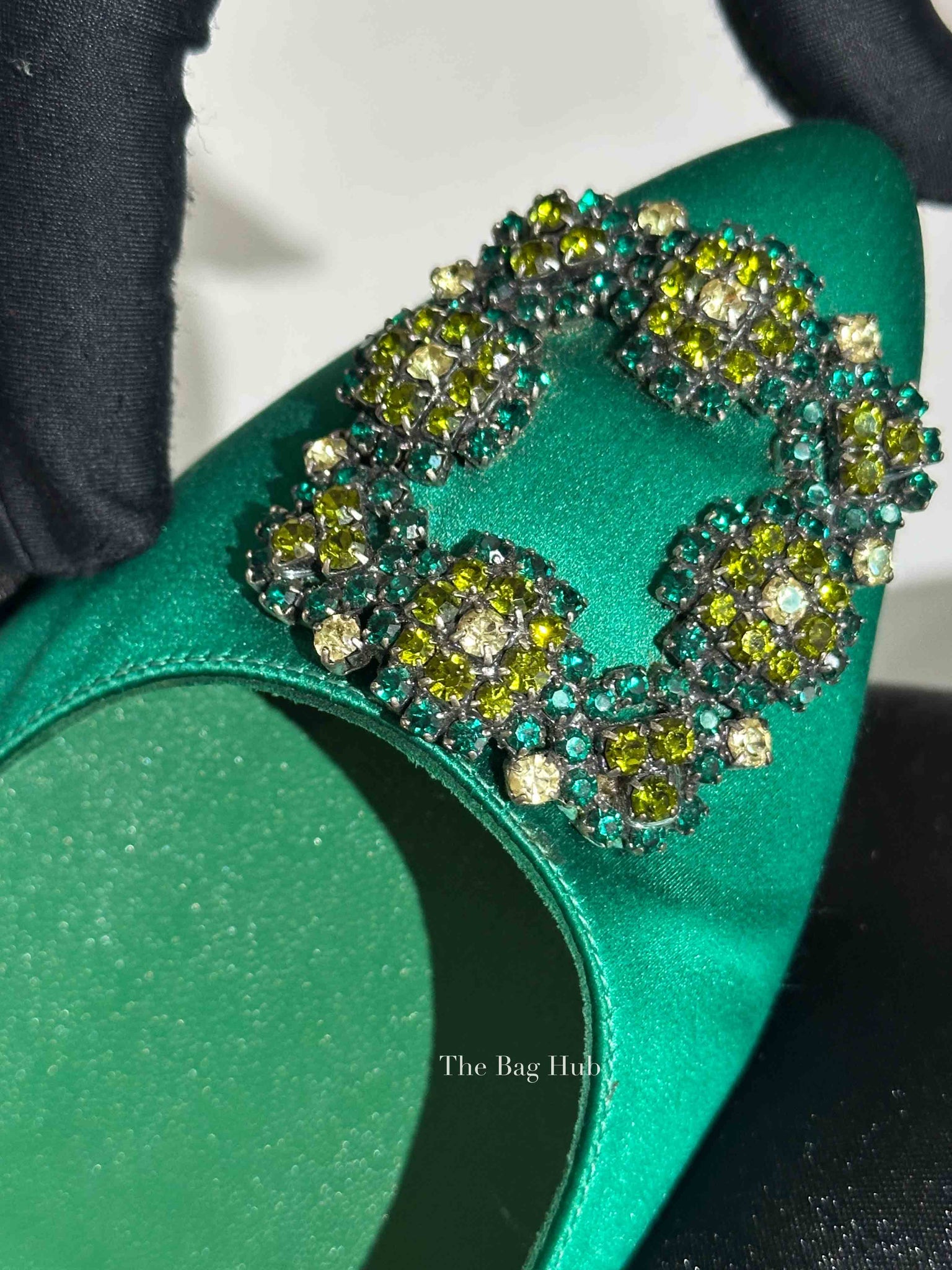 Manolo Blahnik Green Satin Jewel Buckle Flat Pumps Size 37.5