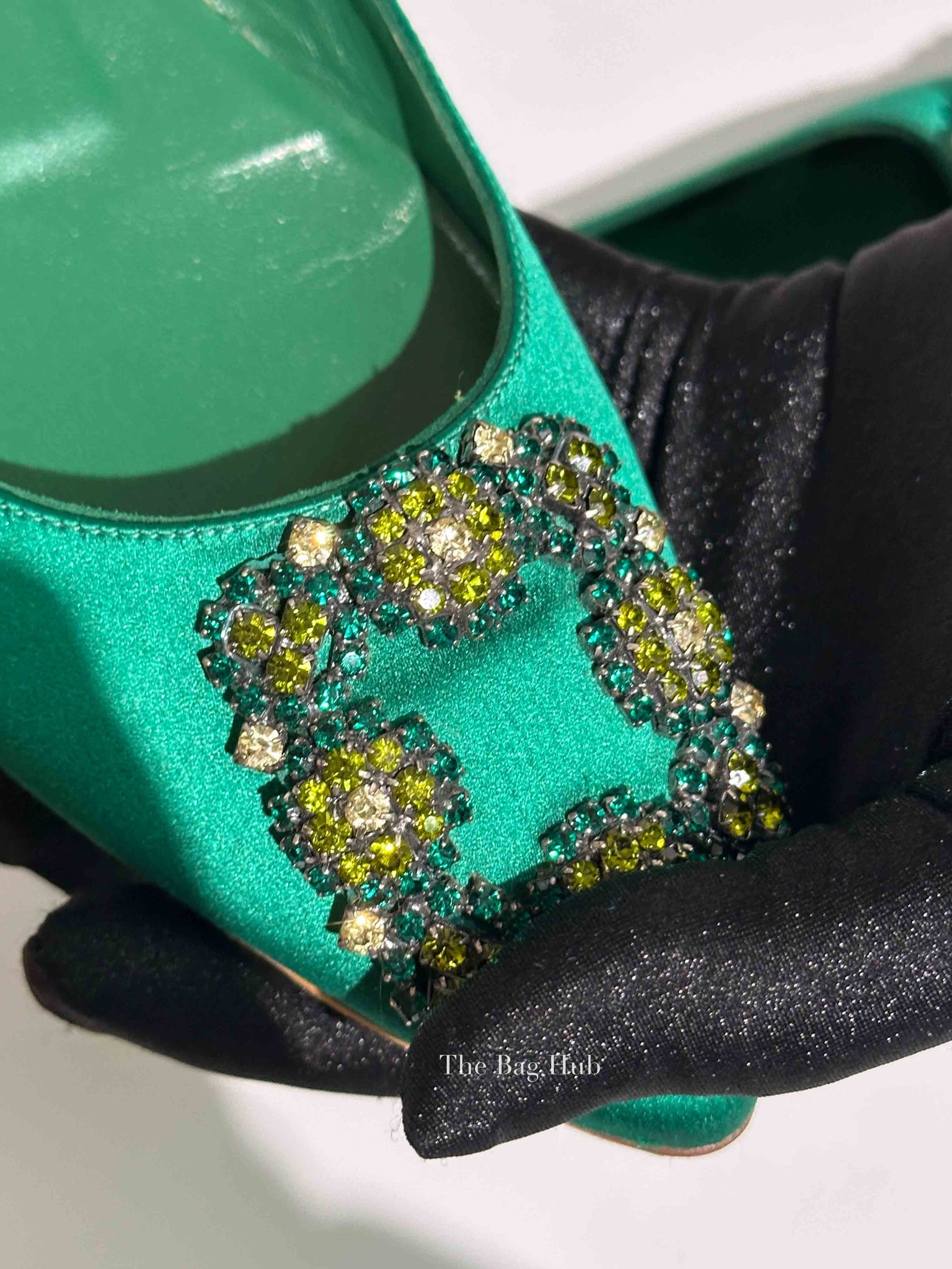 Manolo Blahnik Green Satin Jewel Buckle Flat Pumps Size 37.5