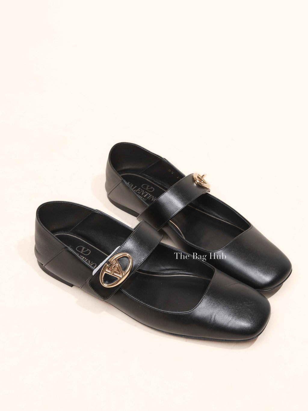 Valentino Garavani Black Leather VLogo Locker Mary Jane Ballerina Flats Size 37