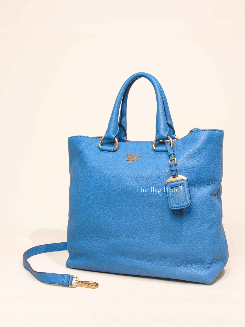 Prada Blue Vitello Daino Leather Shopping Tote Bag