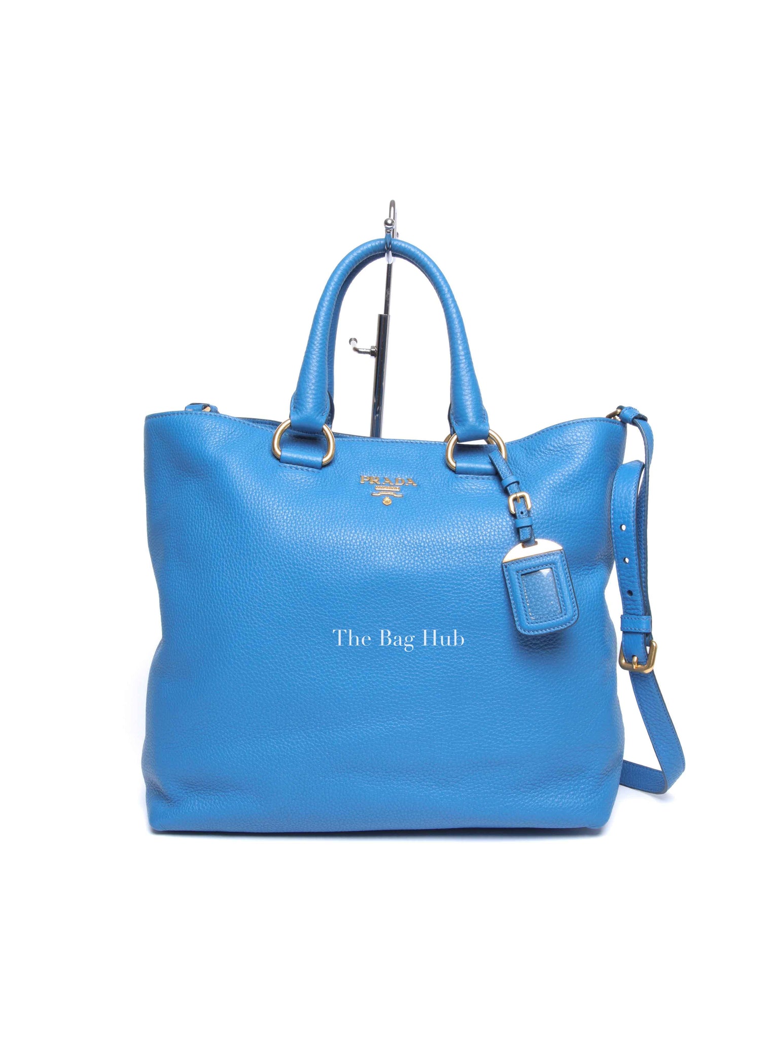 Prada Blue Vitello Daino Leather Shopping Tote Bag