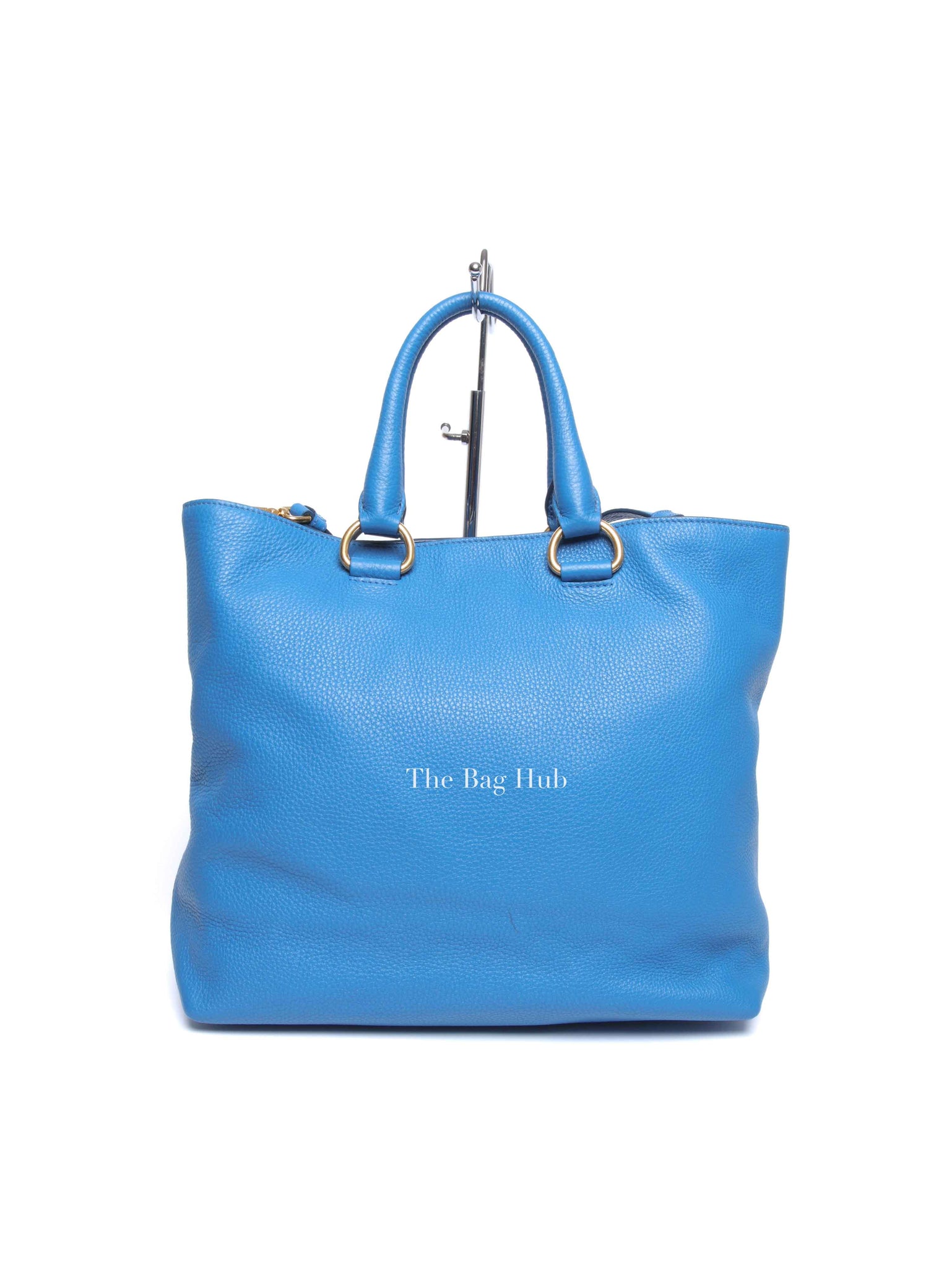 Prada Blue Vitello Daino Leather Shopping Tote Bag