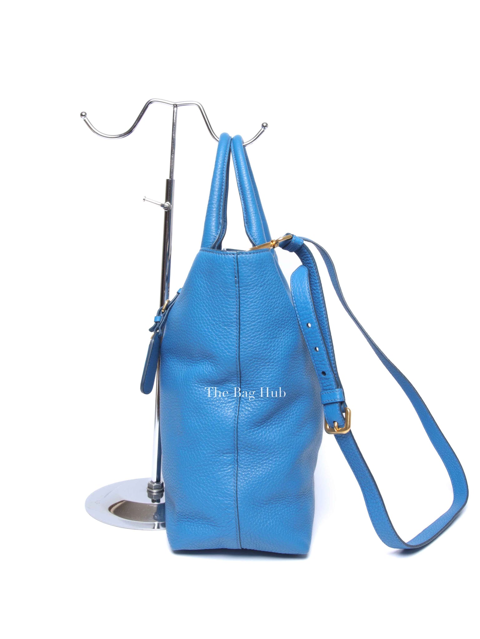 Prada Blue Vitello Daino Leather Shopping Tote Bag