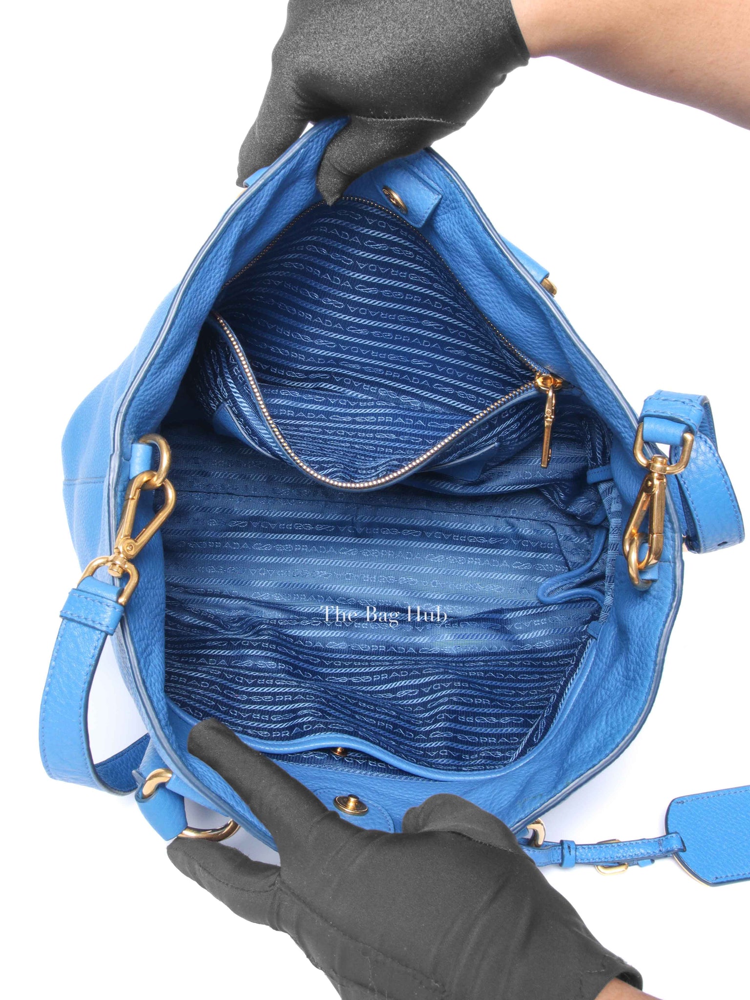 Prada Blue Vitello Daino Leather Shopping Tote Bag