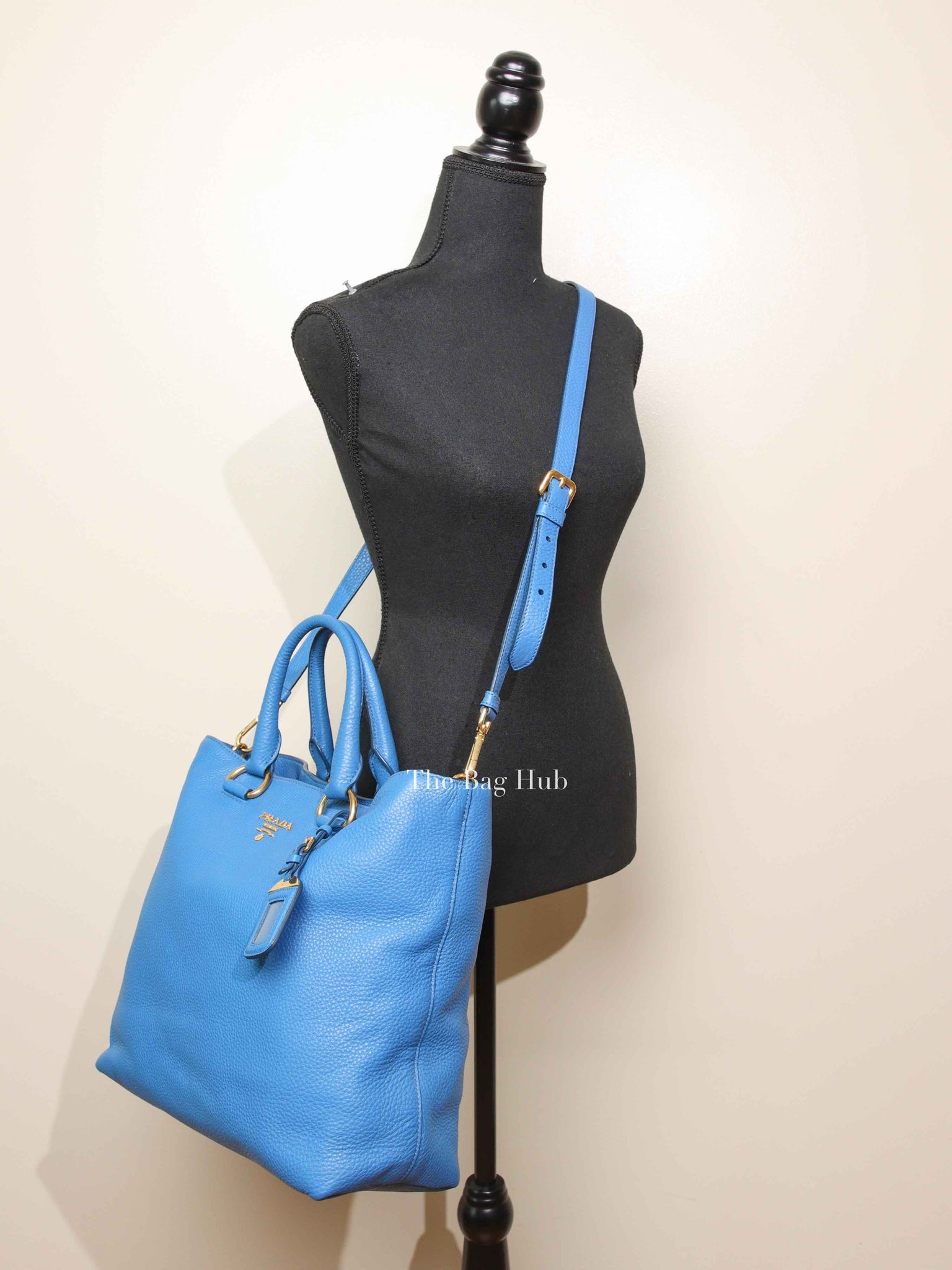Prada Blue Vitello Daino Leather Shopping Tote Bag
