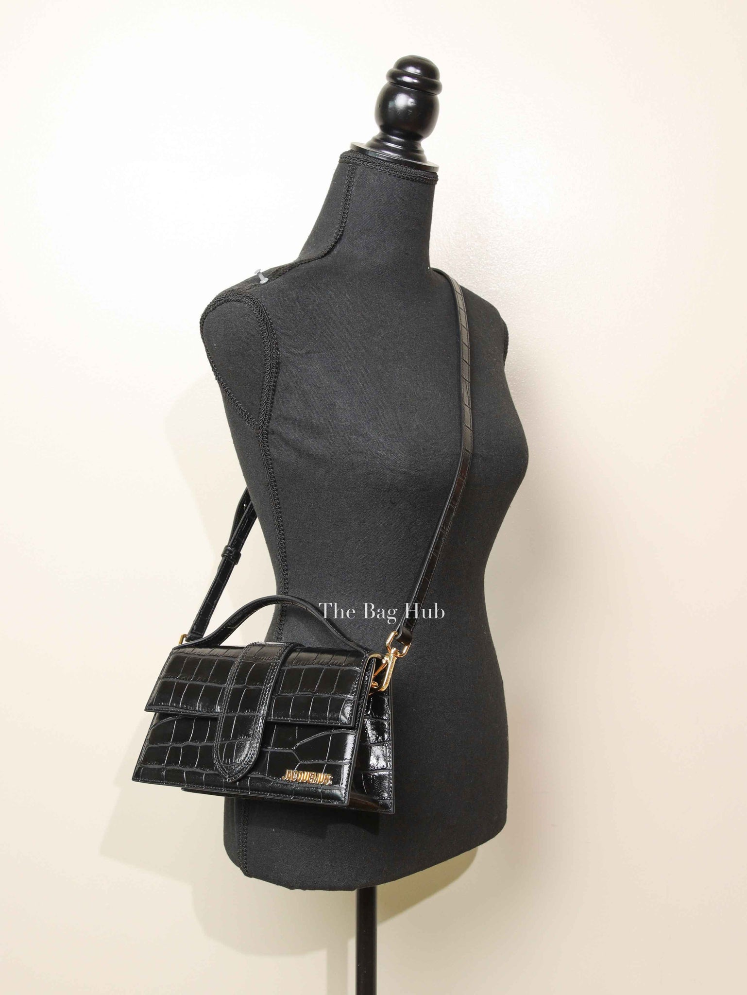 Jacquemus Black Crocodile Embossed Leather The Large Bambino Bag