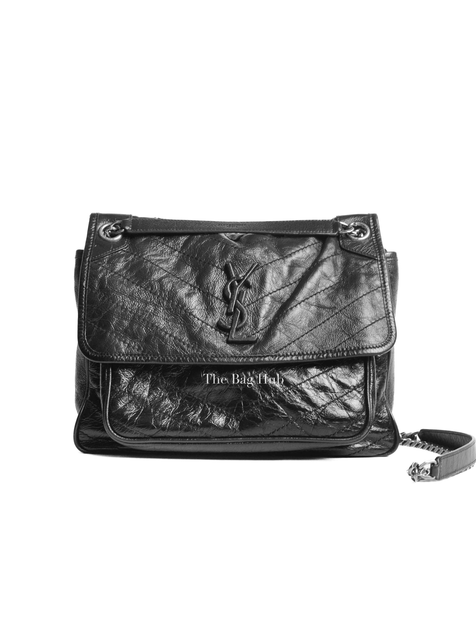 Saint Laurent Black Crinkled Matelasse Monogram Medium Niki Chain Bag