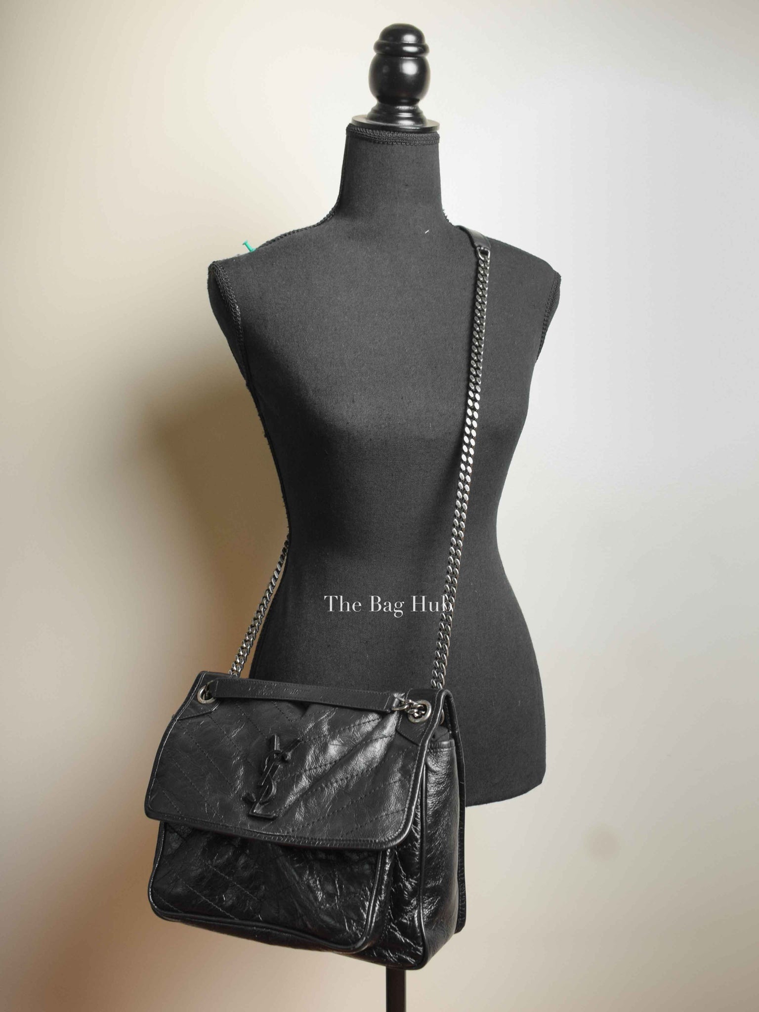 Saint Laurent Black Crinkled Matelasse Monogram Medium Niki Chain Bag