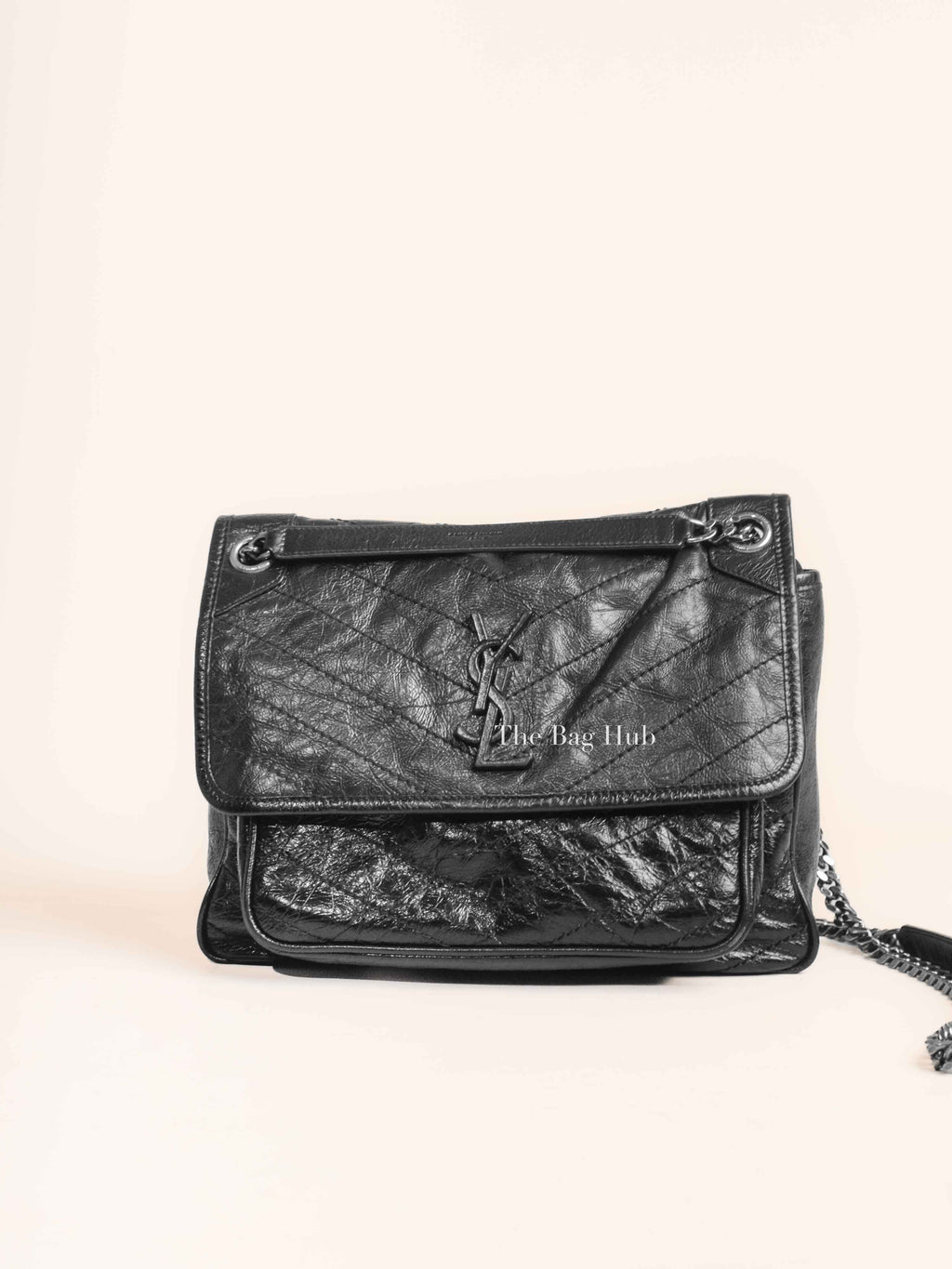 Saint Laurent Black Crinkled Matelasse Monogram Medium Niki Chain Bag