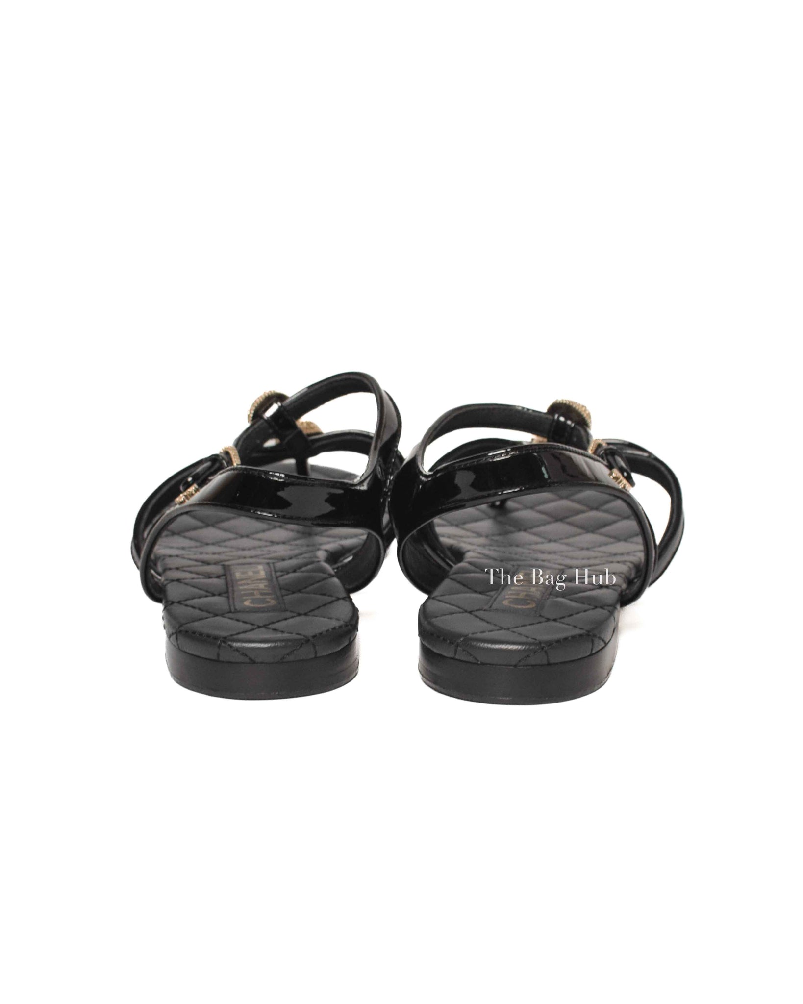 Chanel Navy Blue/Black Patent/Leather Faux Pearl Embellished Sandals Size 37.5