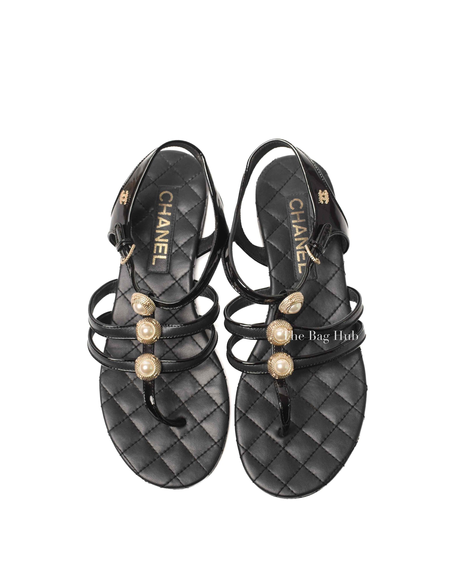 Chanel Navy Blue/Black Patent/Leather Faux Pearl Embellished Sandals Size 37.5