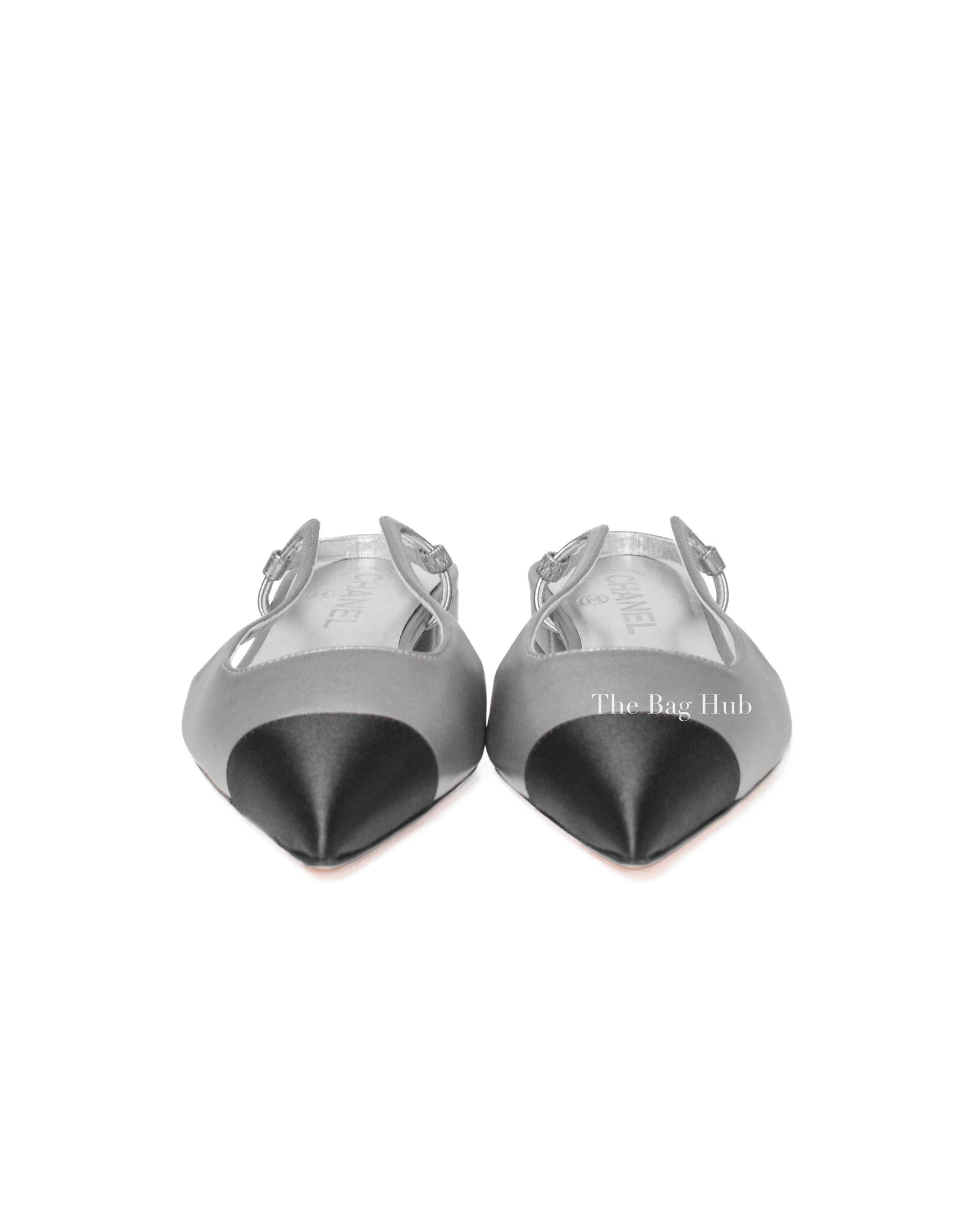 Chanel Black/Silver Metallic Lambskin Cap Toe CC Slingback Flats Size 37.5 C