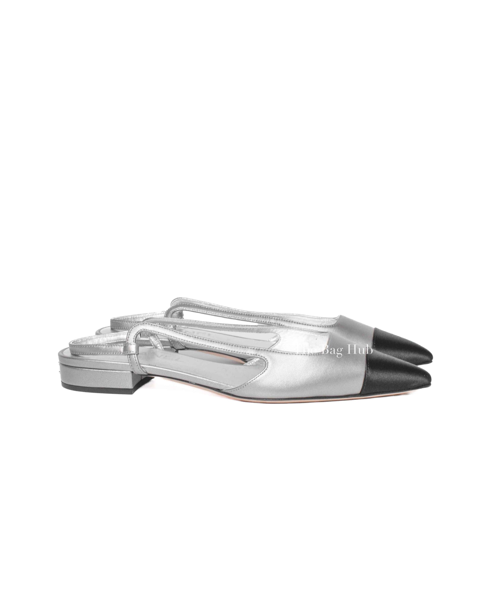 Chanel Black/Silver Metallic Lambskin Cap Toe CC Slingback Flats Size 37.5 C