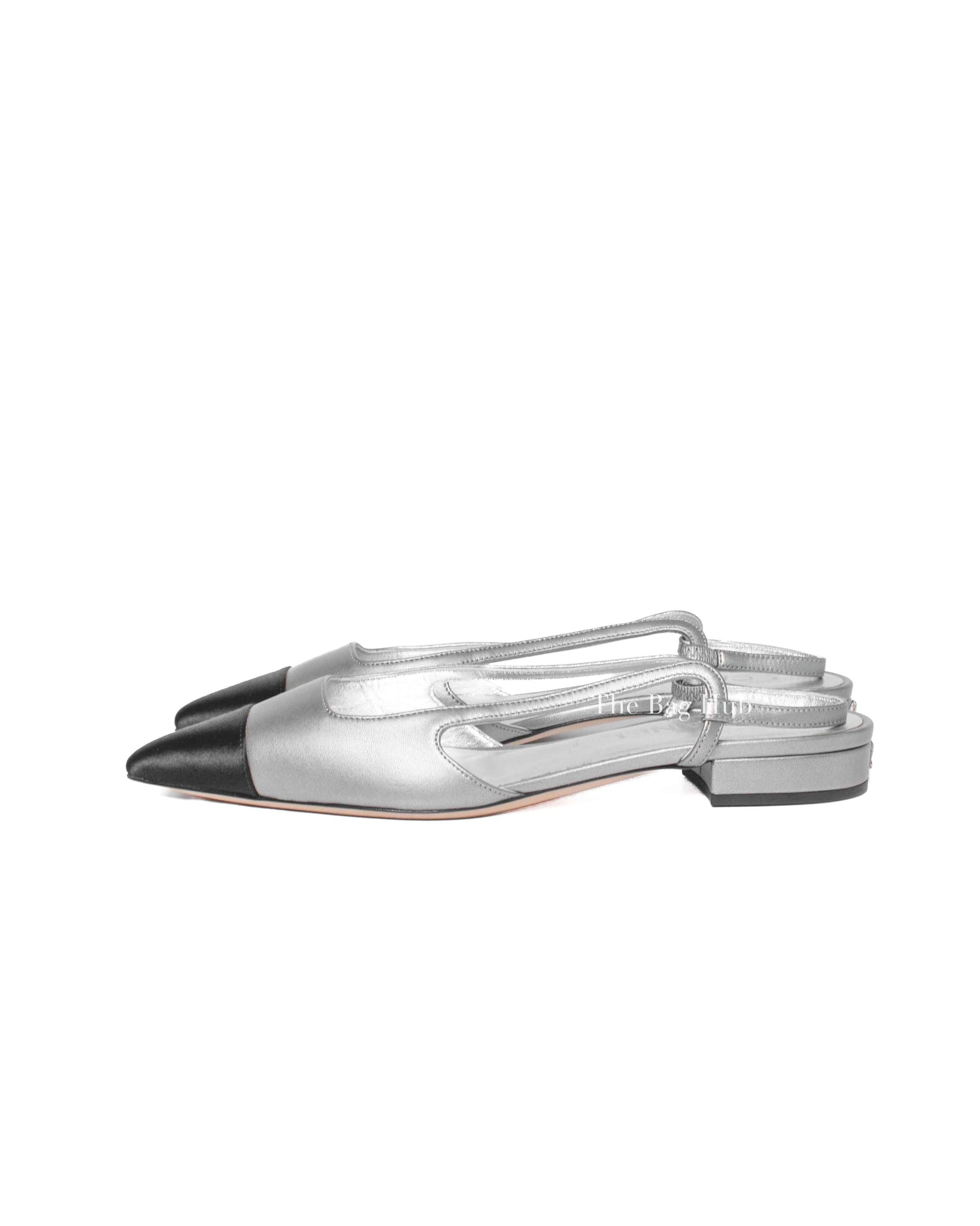 Chanel Black/Silver Metallic Lambskin Cap Toe CC Slingback Flats Size 37.5 C