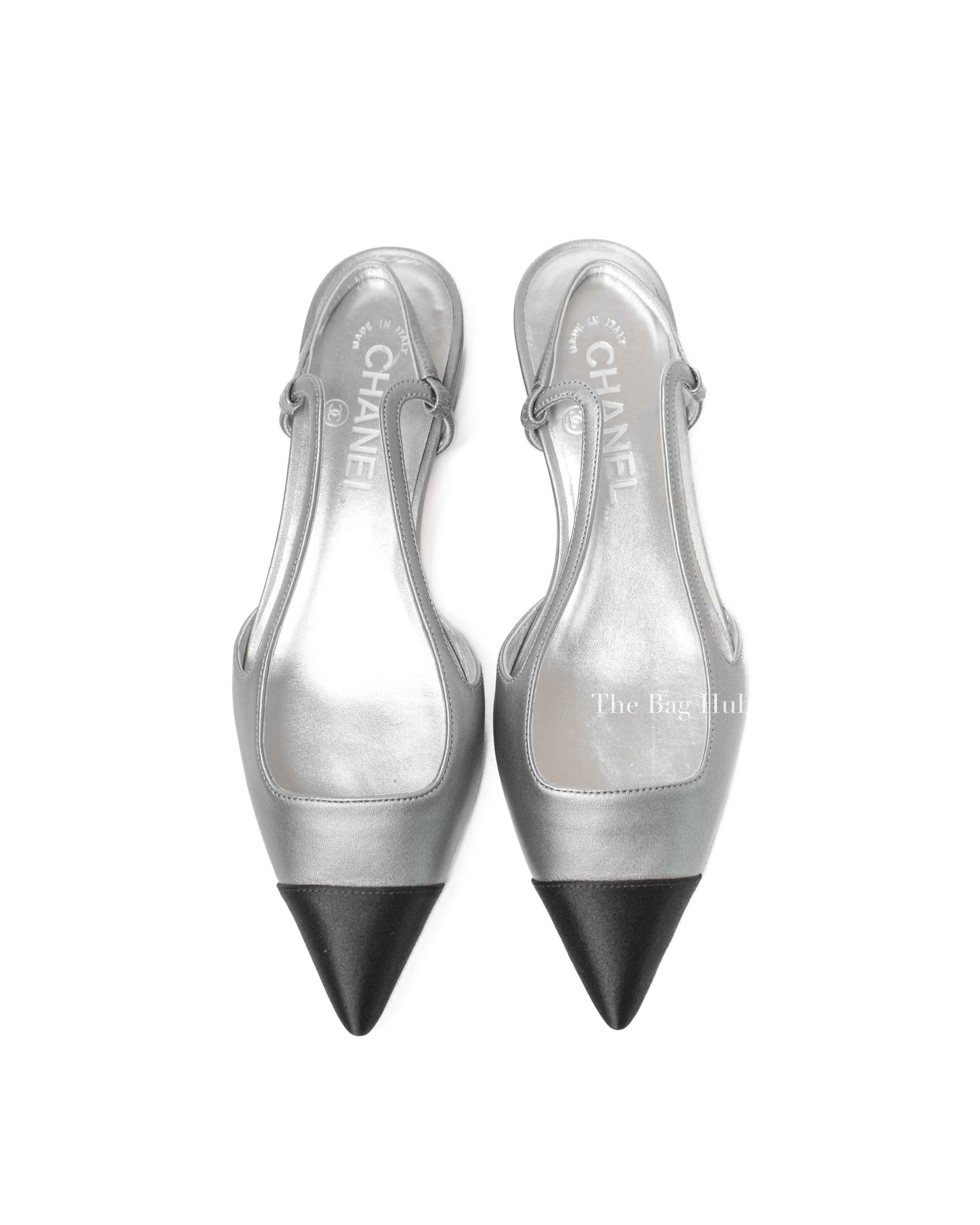 Chanel Black/Silver Metallic Lambskin Cap Toe CC Slingback Flats Size 37.5 C