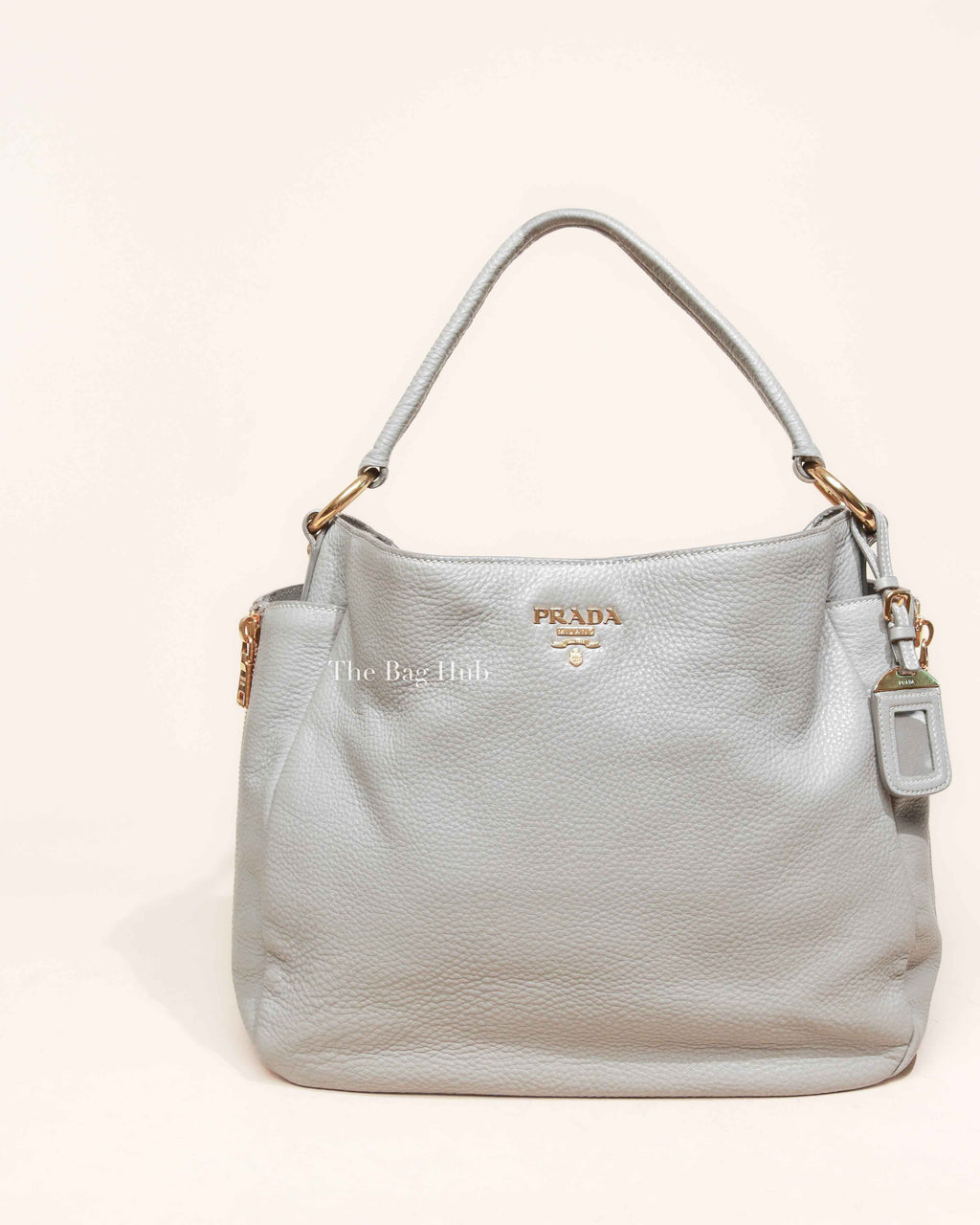 Prada Gray Vitello Daino Leather Double Zip Pocket Hobo Bag