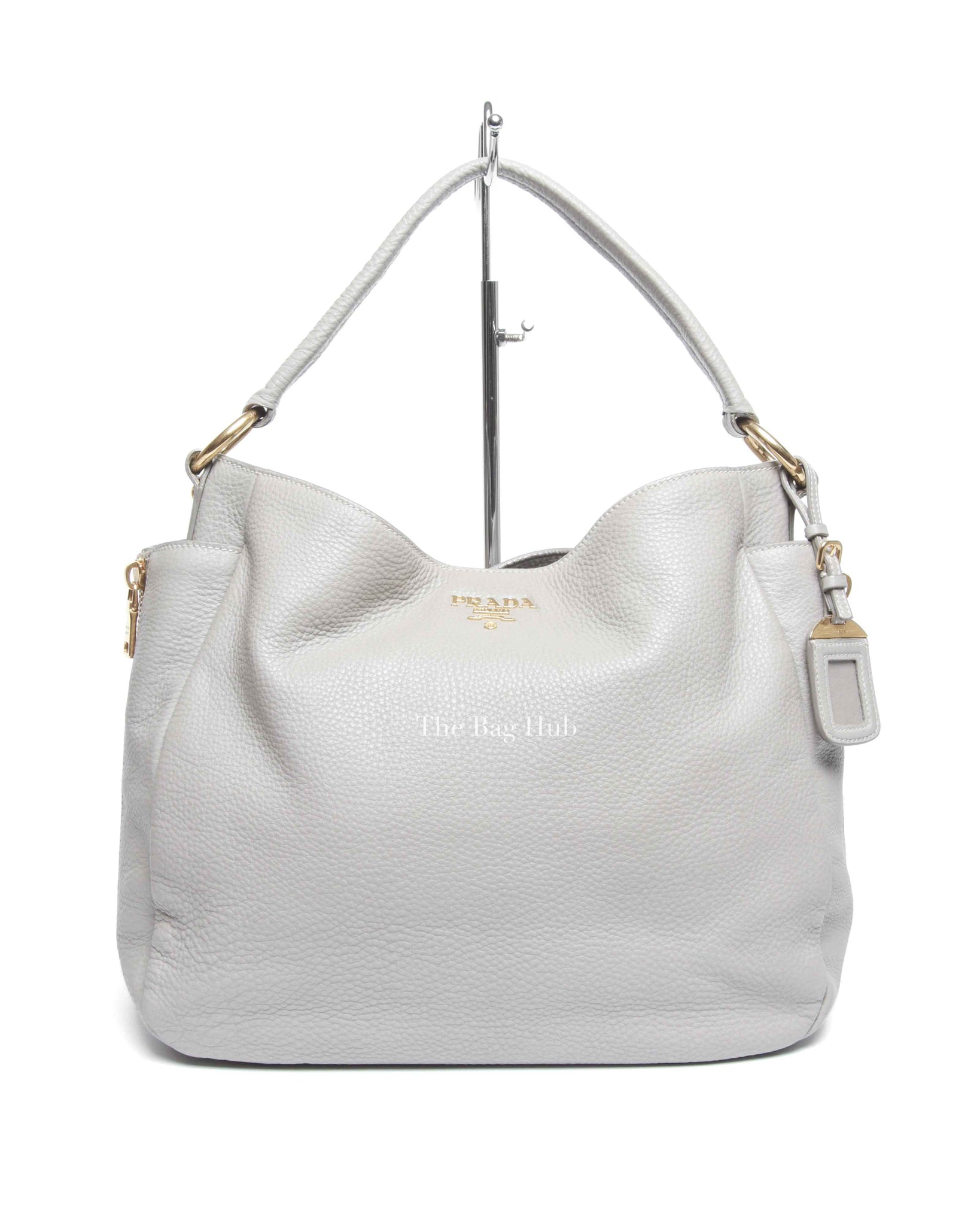 Prada Gray Vitello Daino Leather Double Zip Pocket Hobo Bag