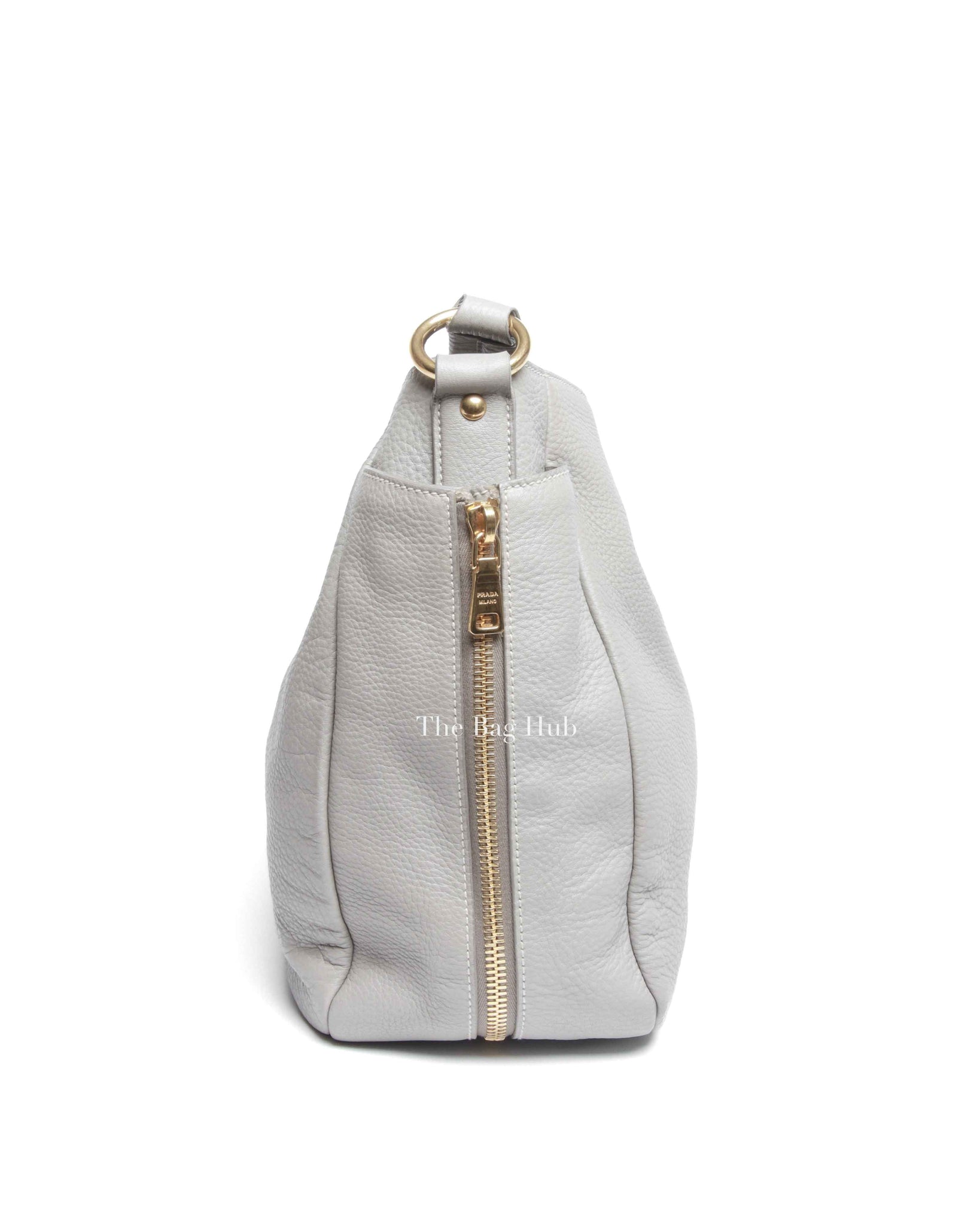 Prada Gray Vitello Daino Leather Double Zip Pocket Hobo Bag
