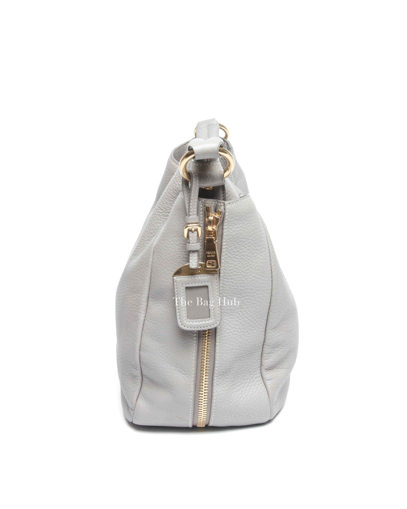 Prada Gray Vitello Daino Leather Double Zip Pocket Hobo Bag