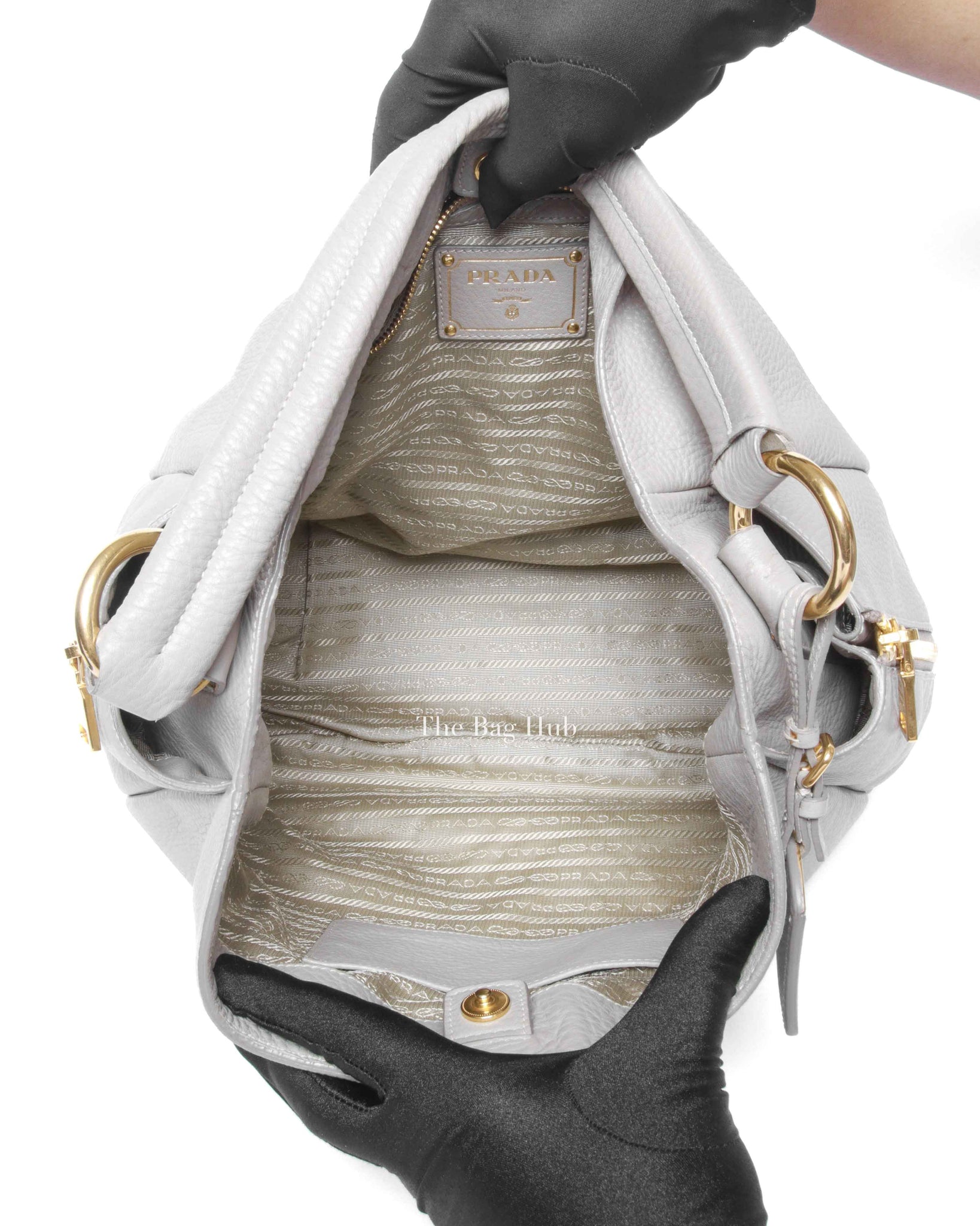 Prada Gray Vitello Daino Leather Double Zip Pocket Hobo Bag