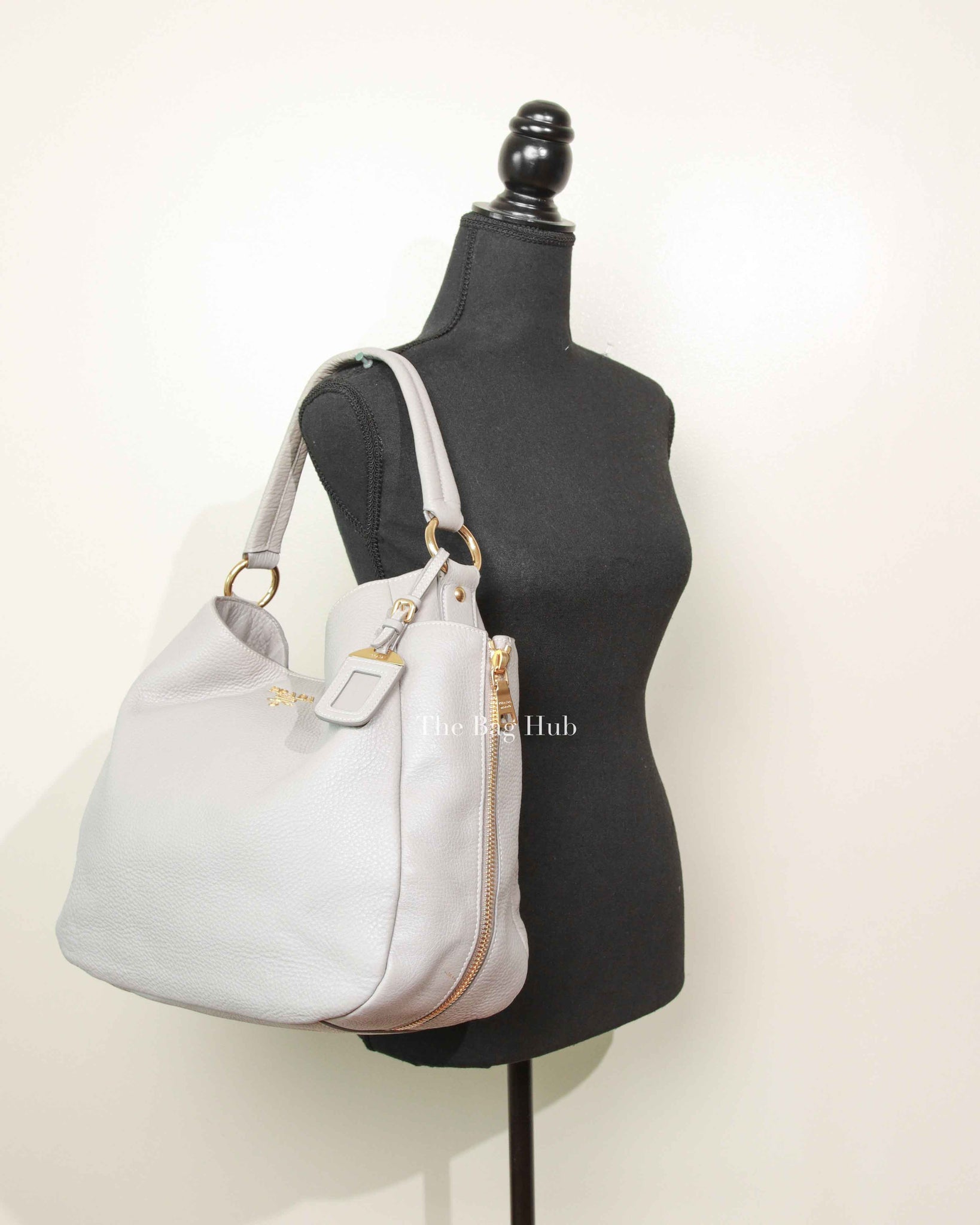Prada Gray Vitello Daino Leather Double Zip Pocket Hobo Bag