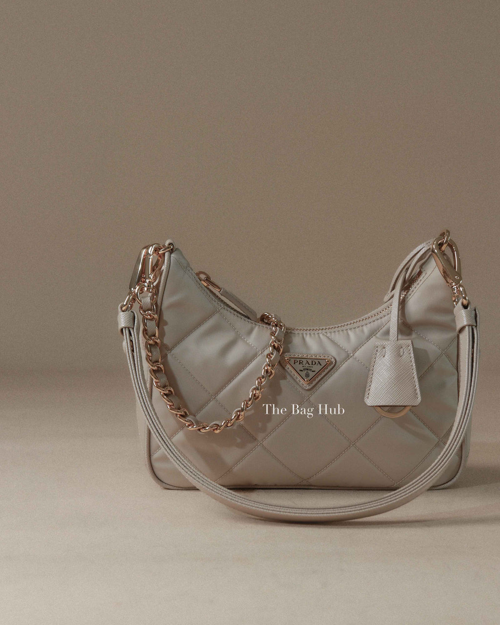 Prada Desert Beige Re-Nylon Saffiano Quilted Mini Re-Edition 1995 Chaine Shoulder Bag