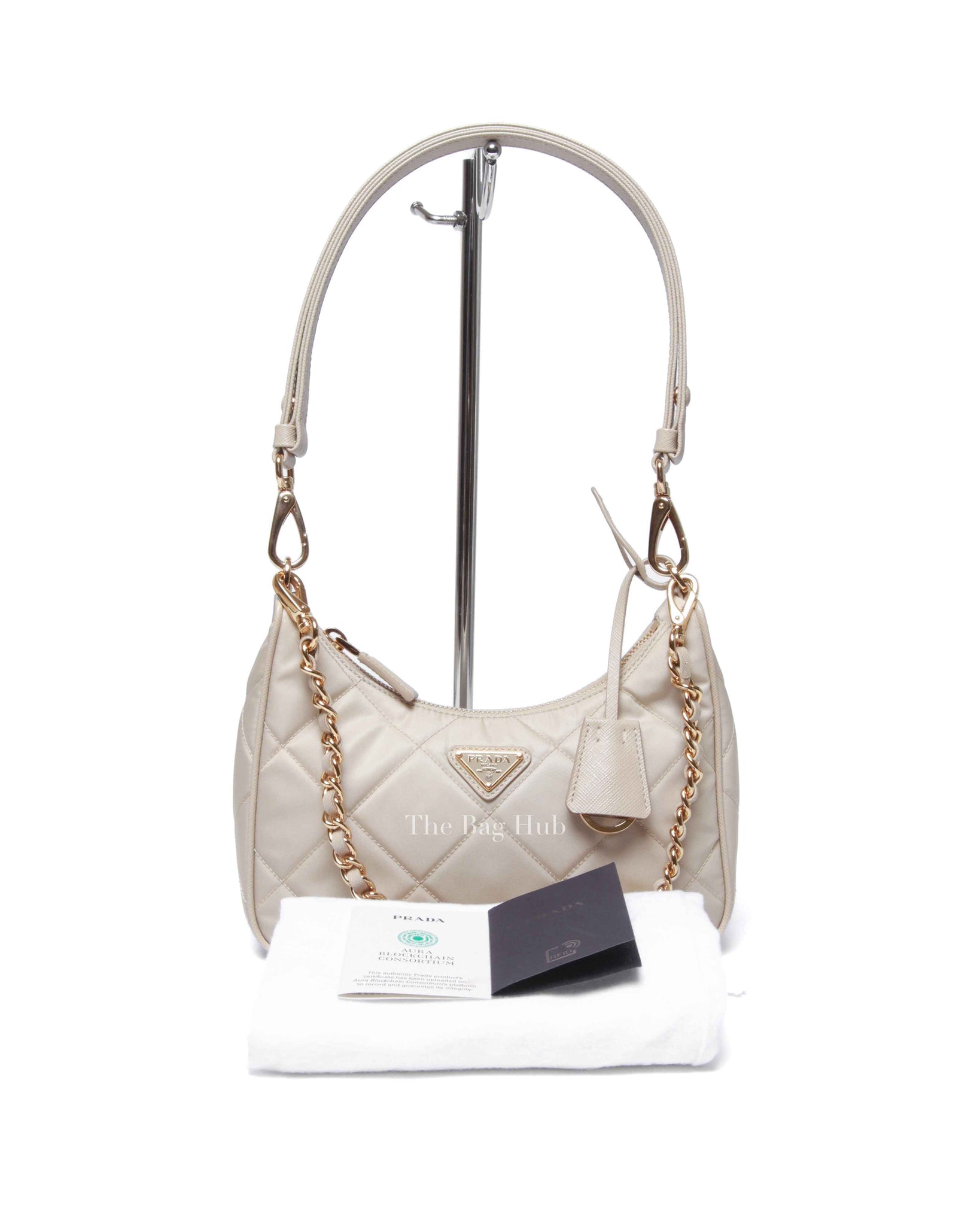 Prada Desert Beige Re-Nylon Saffiano Quilted Mini Re-Edition 1995 Chaine Shoulder Bag