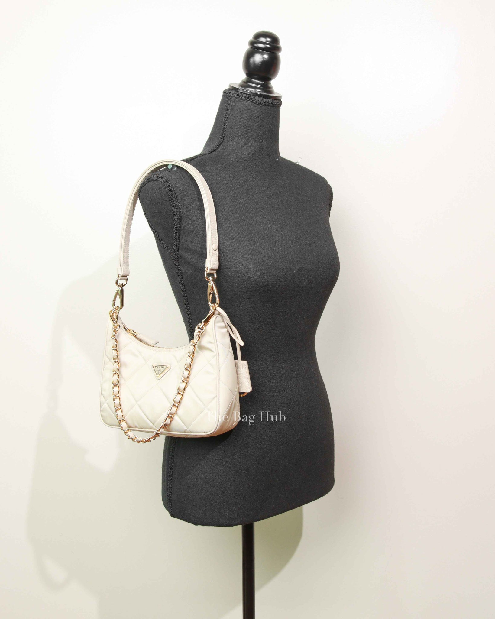 Prada Desert Beige Re-Nylon Saffiano Quilted Mini Re-Edition 1995 Chaine Shoulder Bag