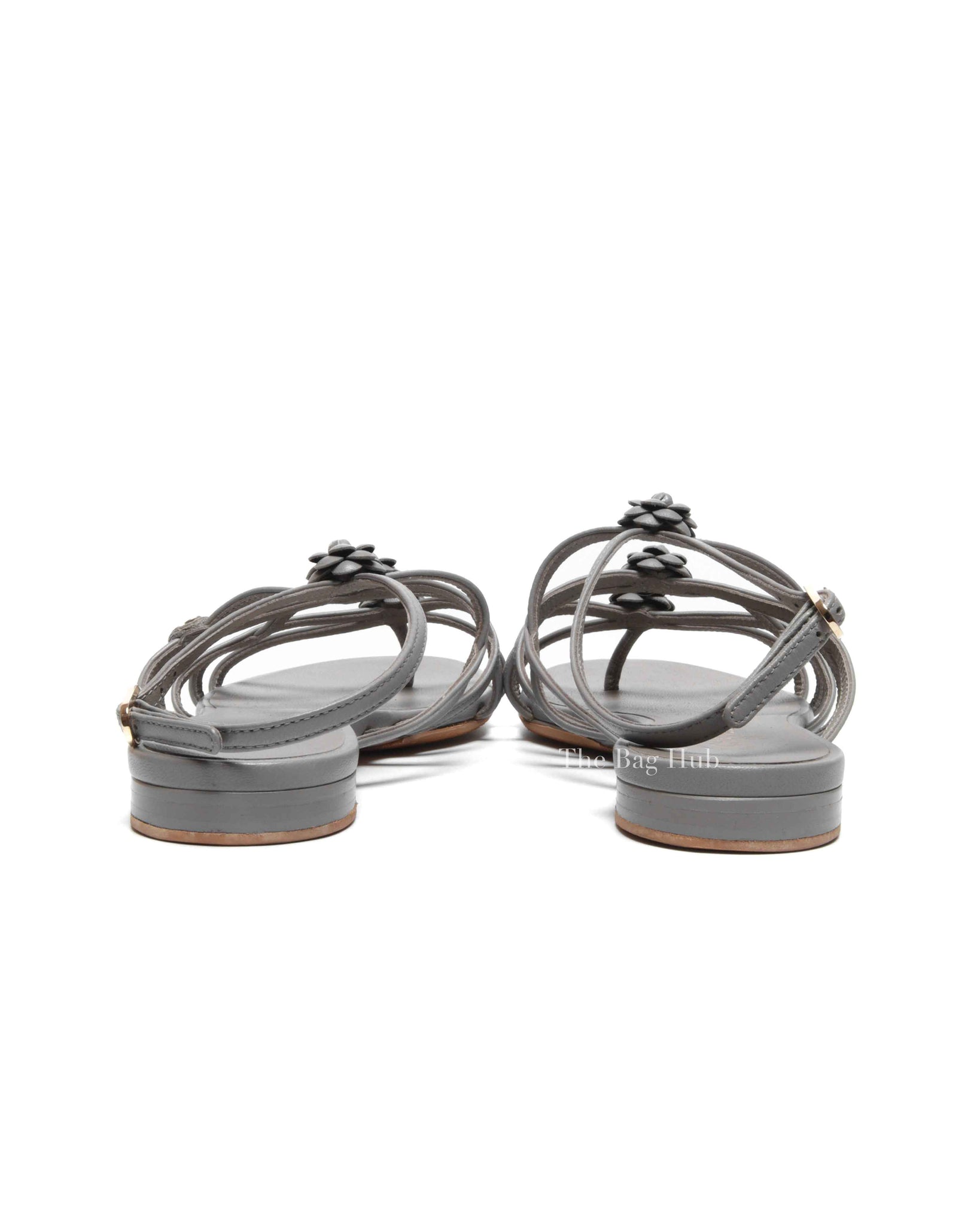 Chanel Gray Leather Strappy Floral Sandals Size 37C