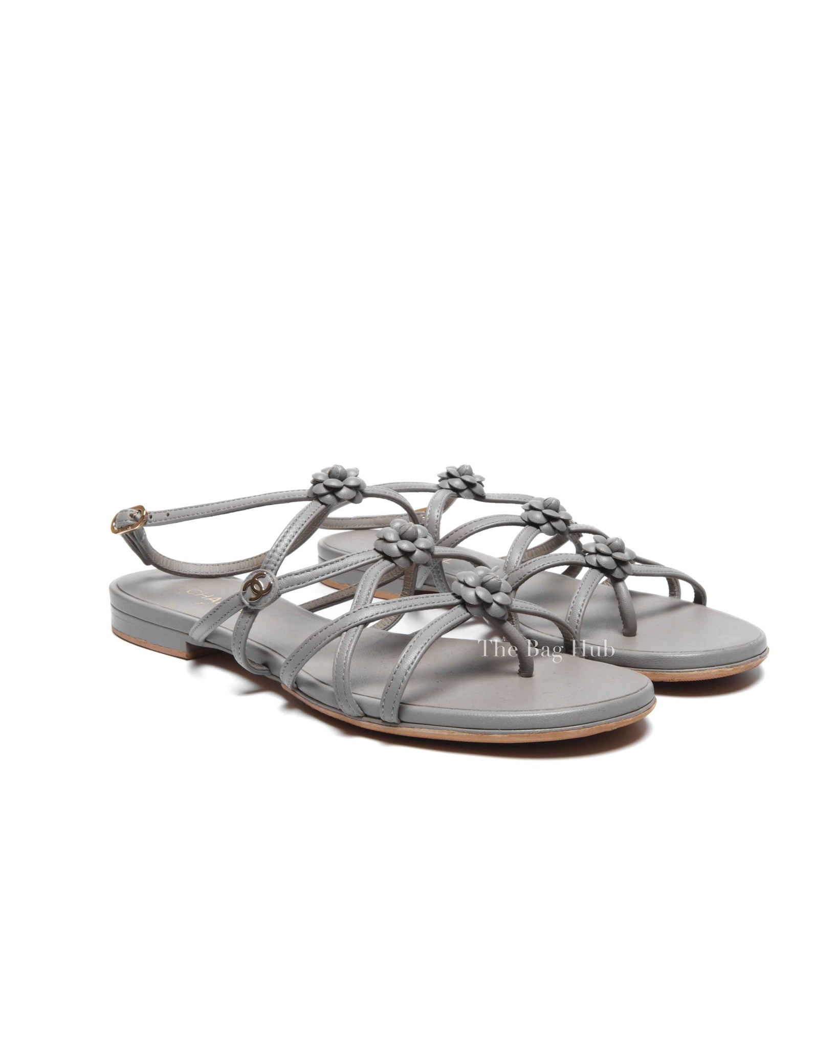 Chanel Gray Leather Strappy Floral Sandals Size 37C