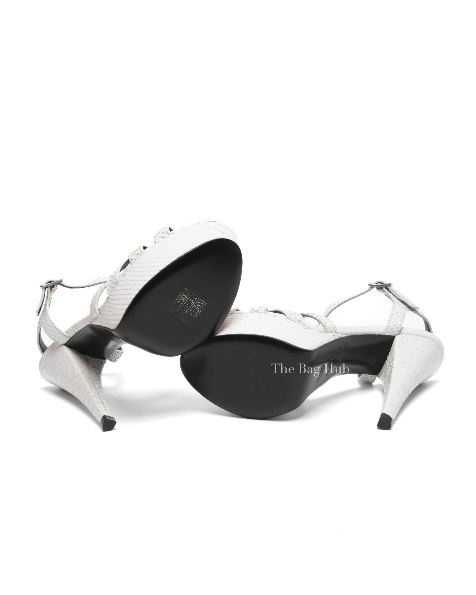 Saint Laurent White Python Embossed Leather Platform Sandals 120mm Size 35.5