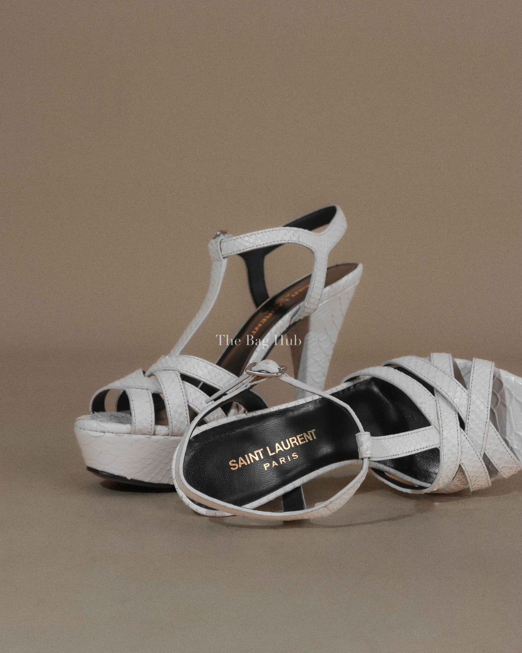 Saint Laurent White Python Embossed Leather Platform Sandals 120mm Size 35.5