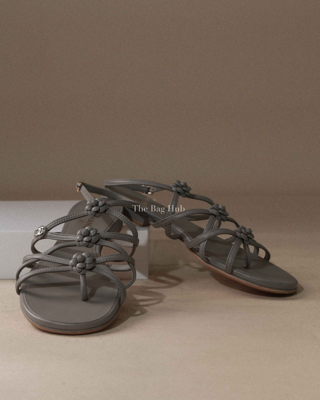 Chanel Gray Leather Strappy Floral Sandals Size 37C