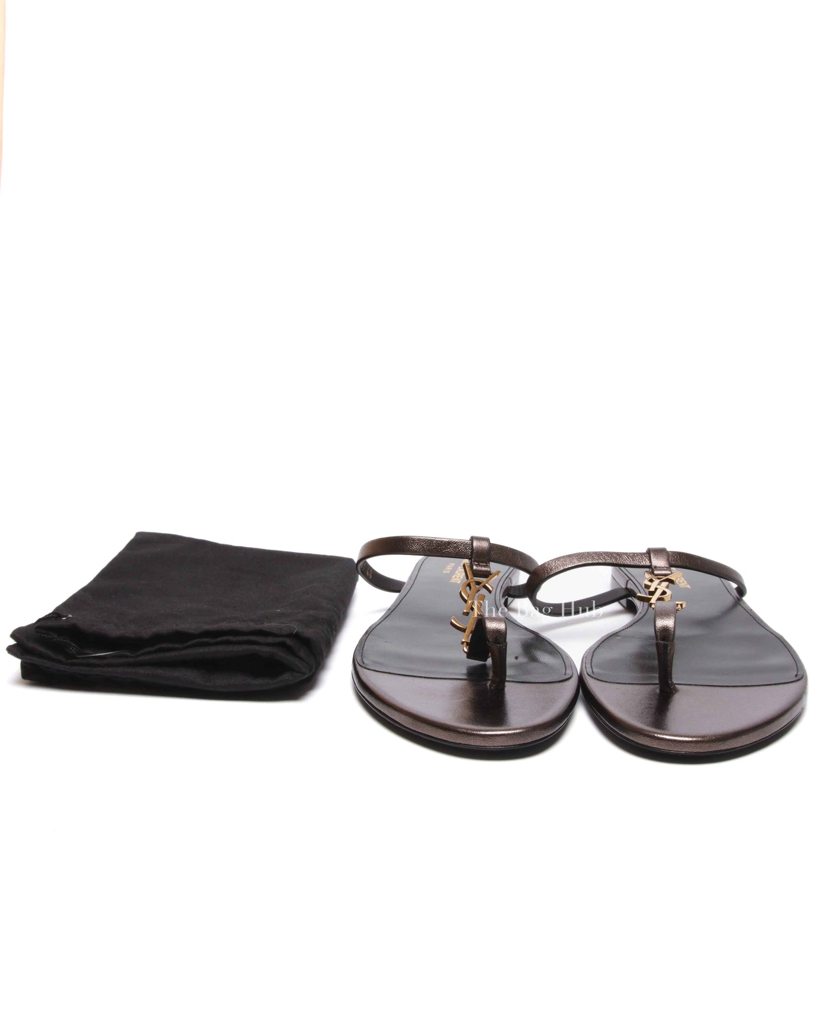Saint Laurent Cedar Brown Leather Cassandra Flip Flops Size 40