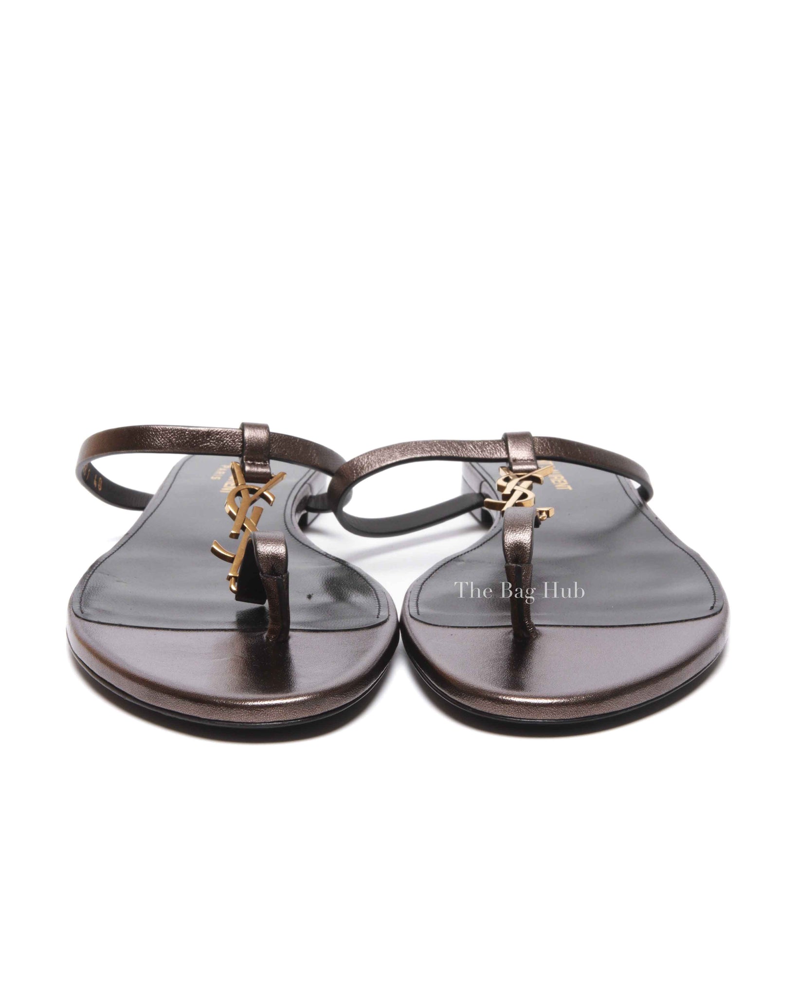 Saint Laurent Cedar Brown Leather Cassandra Flip Flops Size 40